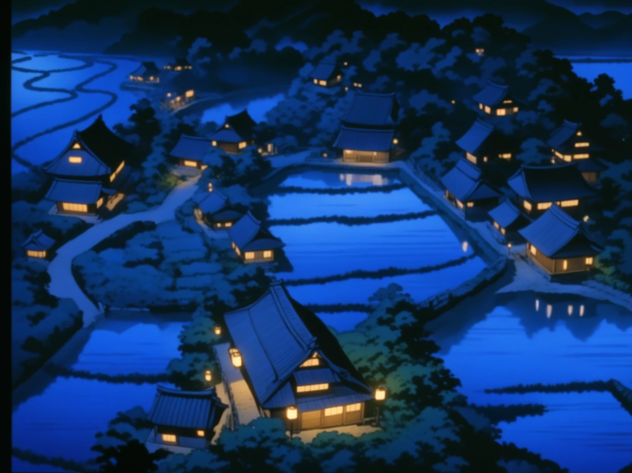 Japanese animation, night, blue, A village, paddy, indoors with lights, ultra high definition, Add details