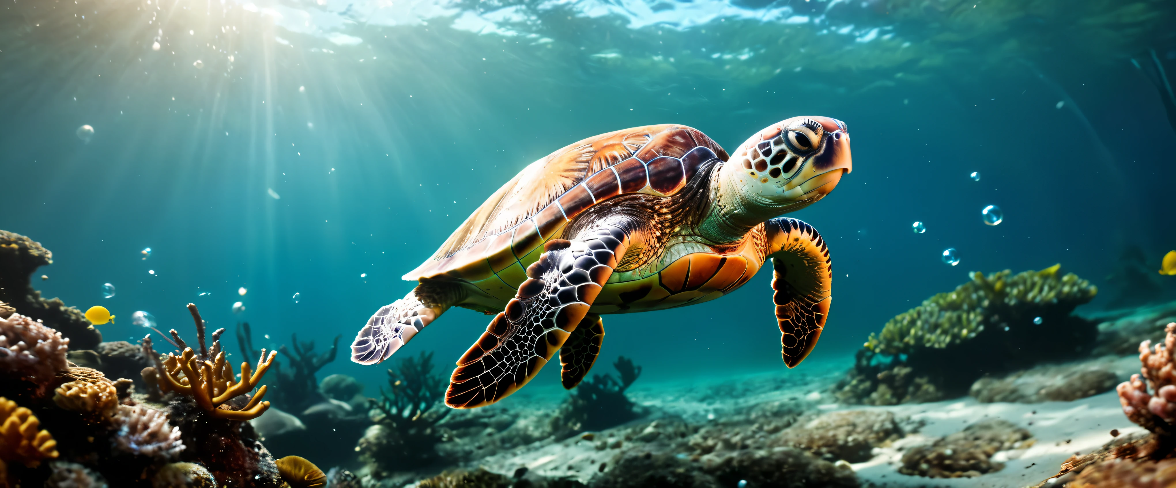 ((Masterpiece in maximum 16K resolution):1.6),((soft_color_photograpy:)1.5), ((Ultra-Detailed):1.4),((Movie-like still images and dynamic angles):1.3),| (Macro shot cinematic photo of a exotic sea turtle swimming in the sea), (macro lens), (tyndall effect), (bubbles), (coral), (mangroves), (neptune grass), (shimmer), (visual experience) ,(Realism), (Realistic),award-winning graphics, dark shot, film grain, extremely detailed, Digital Art, rtx, Unreal Engine, scene concept anti glare effect, All captured with sharp focus.