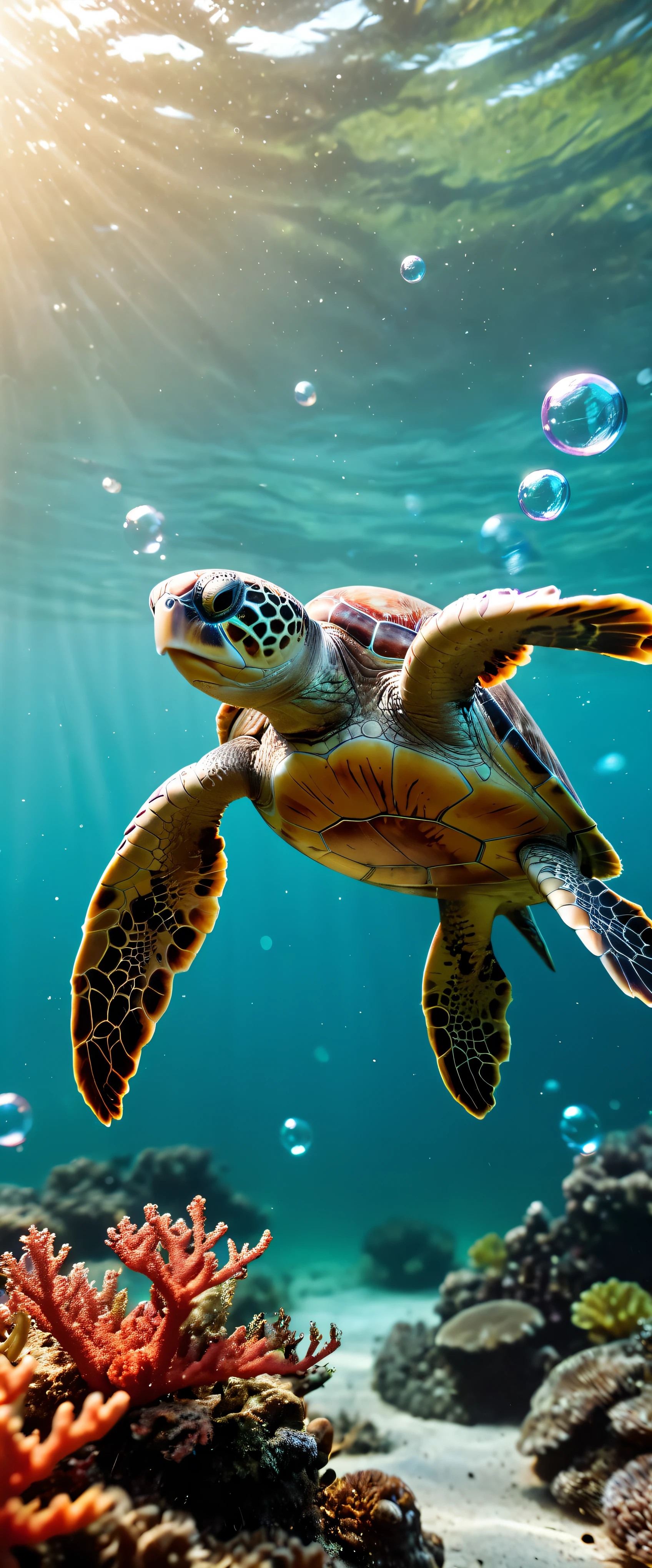 ((Masterpiece in maximum 16K resolution):1.6),((soft_color_photograpy:)1.5), ((Ultra-Detailed):1.4),((Movie-like still images and dynamic angles):1.3),| (Macro shot cinematic photo of a exotic sea turtle swimming in the sea), (macro lens), (tyndall effect), (bubbles), (coral), (mangroves), (neptune grass), (shimmer), (visual experience) ,(Realism), (Realistic),award-winning graphics, dark shot, film grain, extremely detailed, Digital Art, rtx, Unreal Engine, scene concept anti glare effect, All captured with sharp focus.
