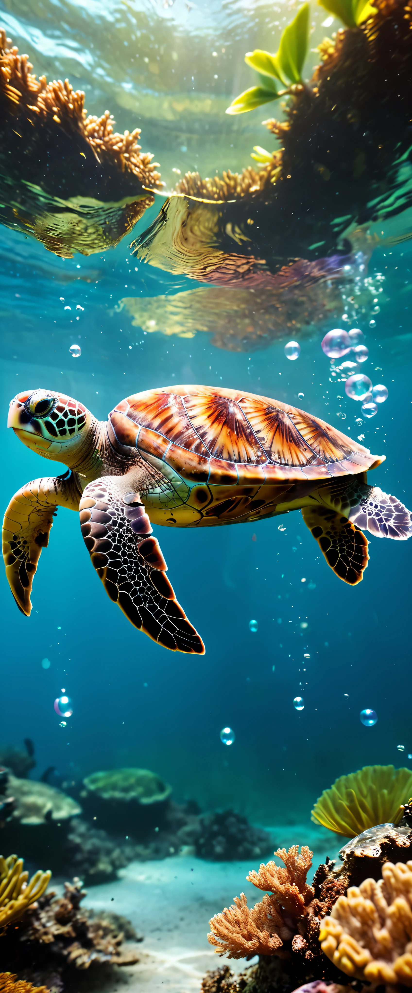 ((Masterpiece in maximum 16K resolution):1.6),((soft_color_photograpy:)1.5), ((Ultra-Detailed):1.4),((Movie-like still images and dynamic angles):1.3),| (Macro shot cinematic photo of a exotic sea turtle swimming in the sea), (macro lens), (tyndall effect), (bubbles), (coral), (mangroves), (neptune grass), (shimmer), (visual experience) ,(Realism), (Realistic),award-winning graphics, dark shot, film grain, extremely detailed, Digital Art, rtx, Unreal Engine, scene concept anti glare effect, All captured with sharp focus.