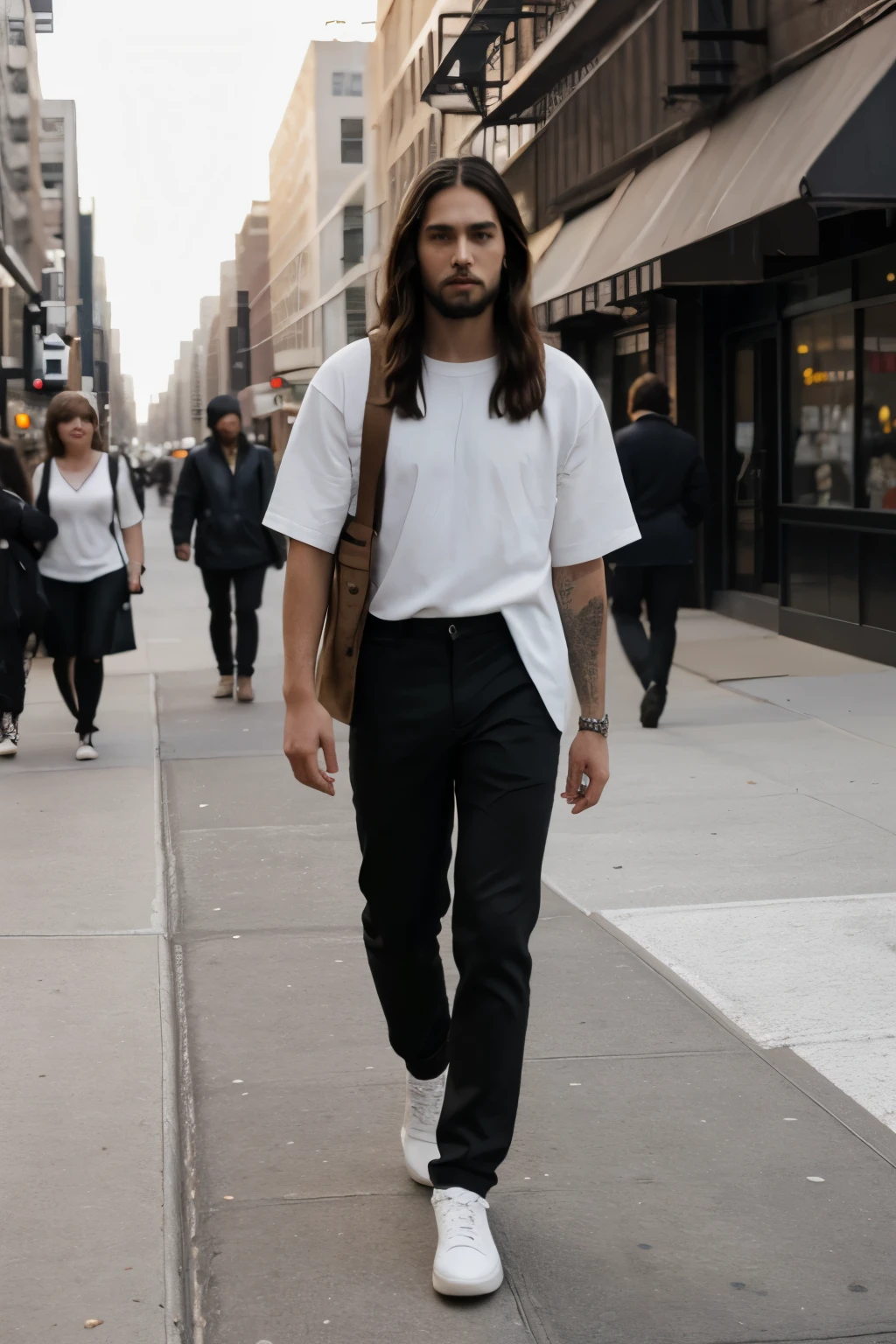 A photorealistic (full body) portrait of young Jesus Christ, using shorter hair and barb, he is wearing (modern clothes) while walking in New York City street.