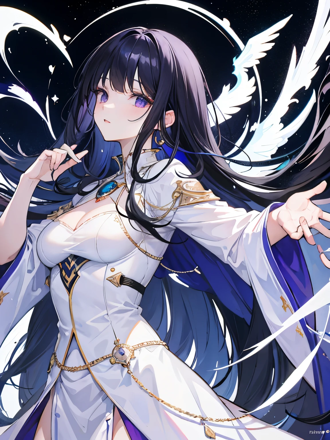(masterpiece, top quality, best quality, official art, beautiful and aesthetic), female, White Robe, medium black hair, blue side hair, flyng bangs, DARK hair, equals eyes, sharp eyes, purple eyes, white skin, Dynamic Pose, Extreme Detail, Floating in the Air, white Cloth, Effect, brilliant aura