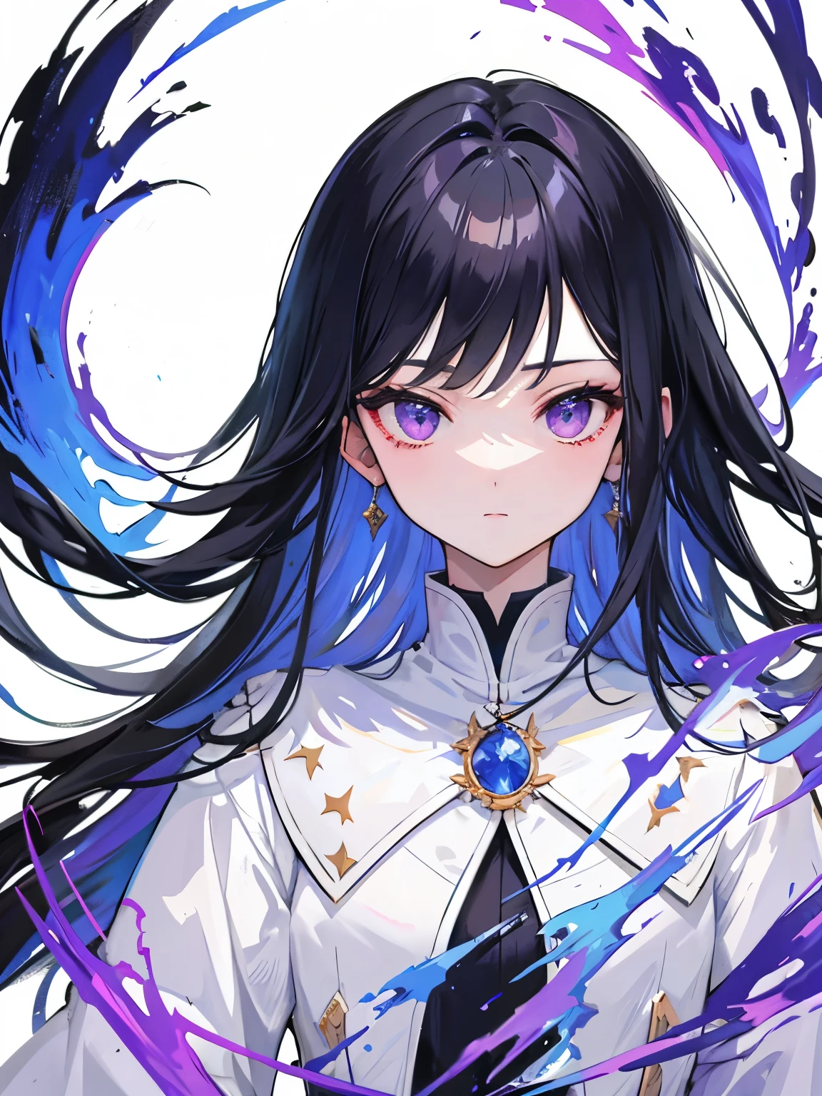 (masterpiece, top quality, best quality, official art, beautiful and aesthetic), female, White Robe, medium black hair, blue side hair, flyng bangs, DARK hair, equals eyes, sharp eyes, purple eyes, white skin, Dynamic Pose, Extreme Detail, Floating in the Air, white Cloth, Effect, brilliant aura
