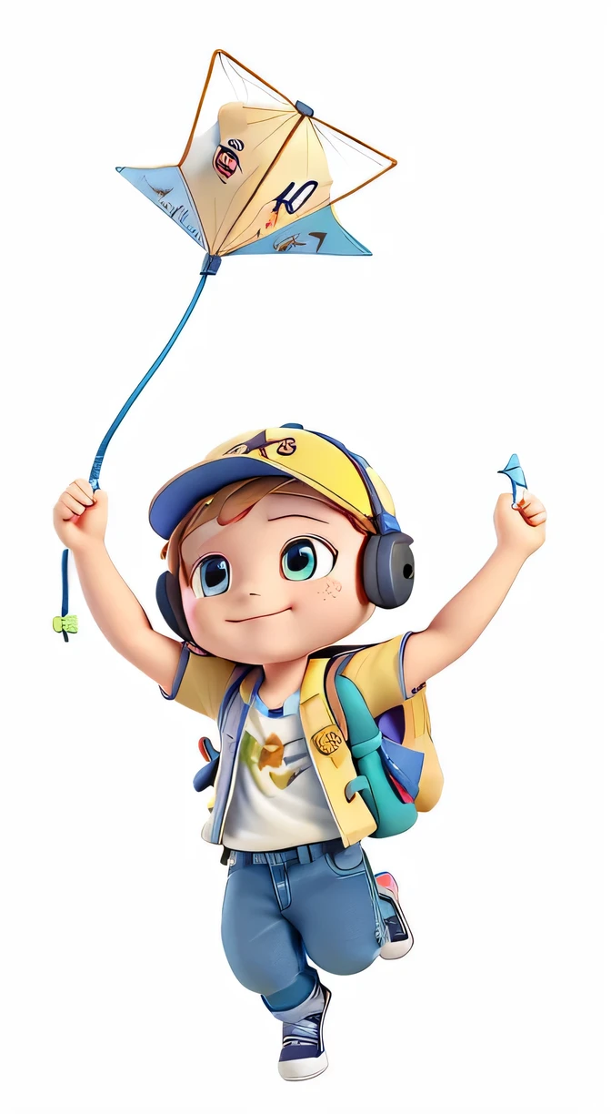 fly a kite，earphone，baseball cap，Backpack，jeans，sports shoes