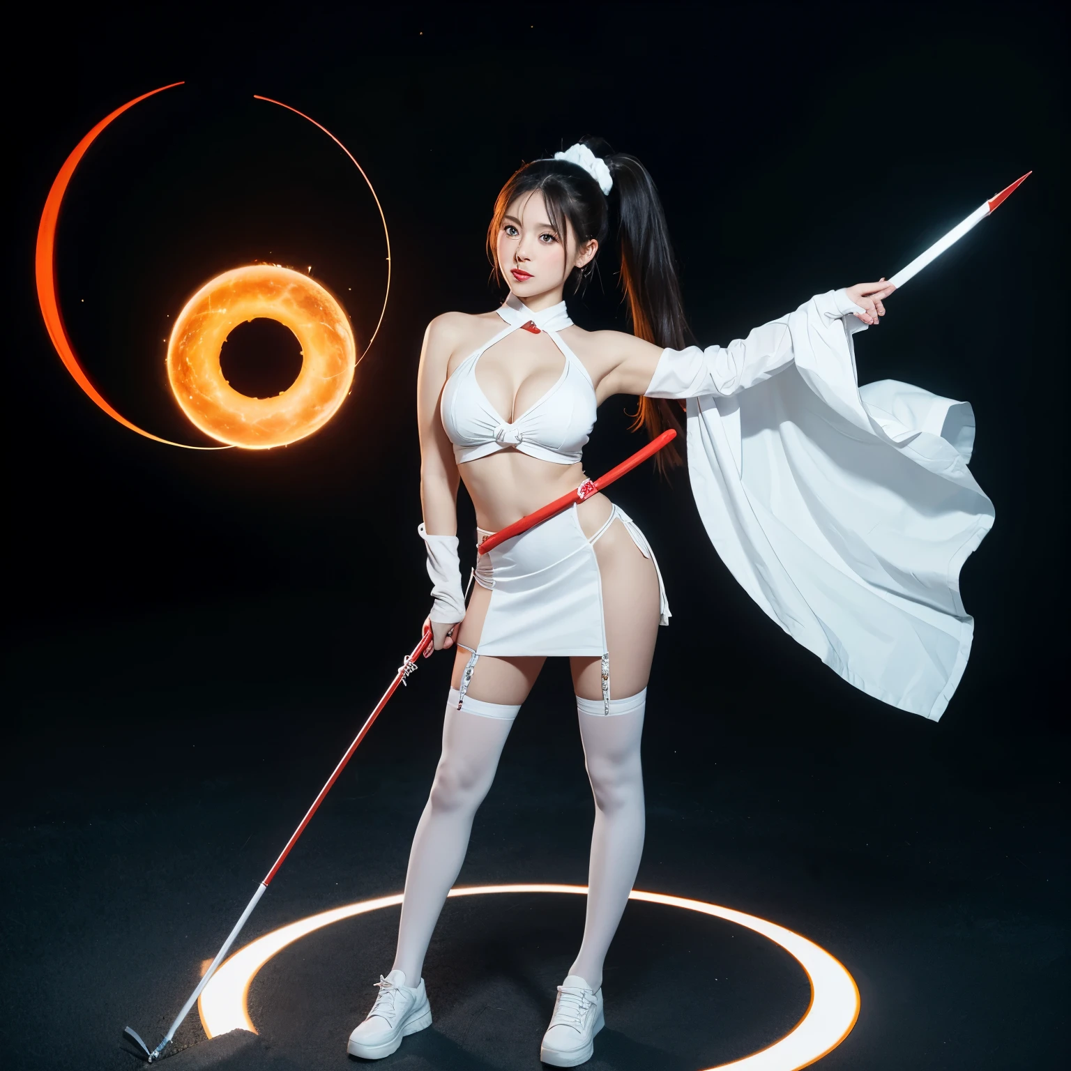 Wearing white stockings，Big breasts，Smaller stature，Height 165cm，Double ponytail red，With the universe circle and spear，Standing on Hot Wheels