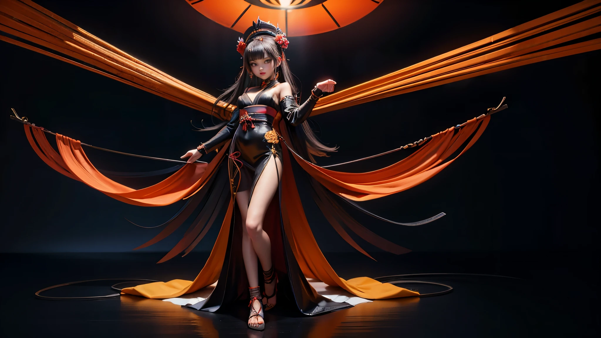 woman, futuristic kimono, color ful dress, Japanese traditional, dress traditional , full body, away from camera,, full body,orange and black dress, with open arms,futuristic designs neon glowing design