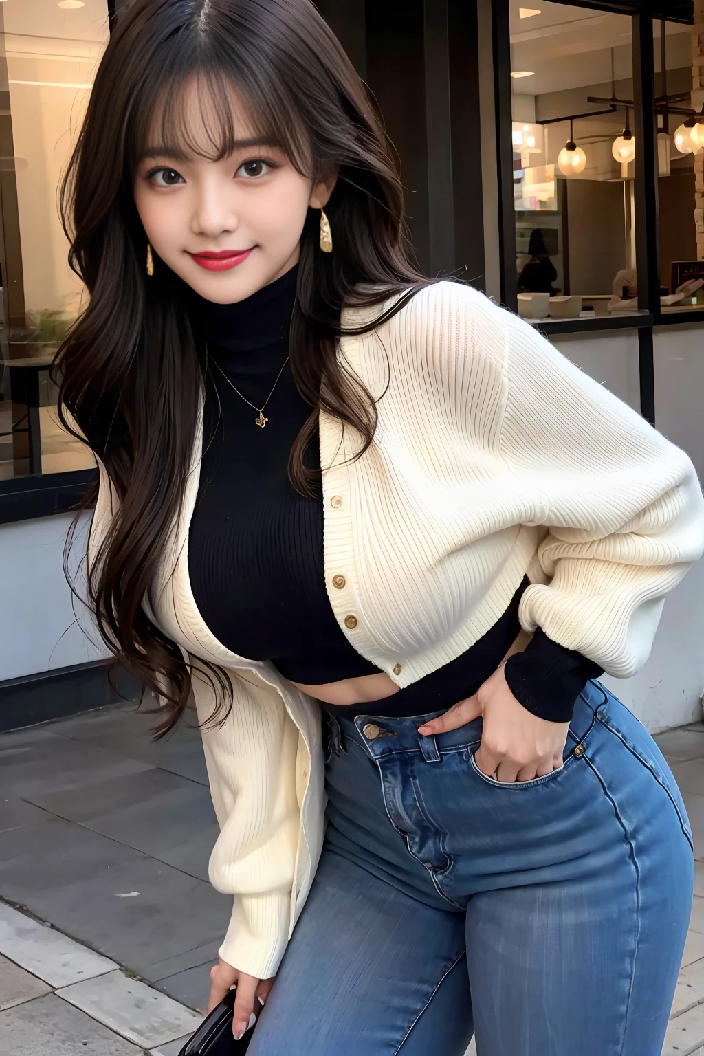 A girl of about 47 years old,simplicity,Extremely beautiful and delicate,(light make-up),Black color hair,A sweet smile,Delicate and beautiful fair skin,Realistic and realistic,exquisite and complete facial features,Detailed depiction of the face,tall nose bridge,Red lips,Beautiful, gentle and beautiful girl,Smooth hair,extremely detail hair,Feminine temperament,Fill your face light,hyper realisitc,photorealestic,8K quality,extremy detailed,Realistic details,Works of masters,Realistic to the extreme,big breasts body,Beautiful,Pure desire,Stunning beauty,Peerless beauty,Highest image quality,8K分辨率,goddes,ssmile,Fine facial features,Hair over the shoulder,A brown-haired,Large long thick legs,(((High-waisted French top))),(((short skirt))),rays of sunshine,facing at camera,The body is well-proportioned and firm,Gentle eyes,Exposing thighs,stand posture,Stand inside the mall,Full body photo