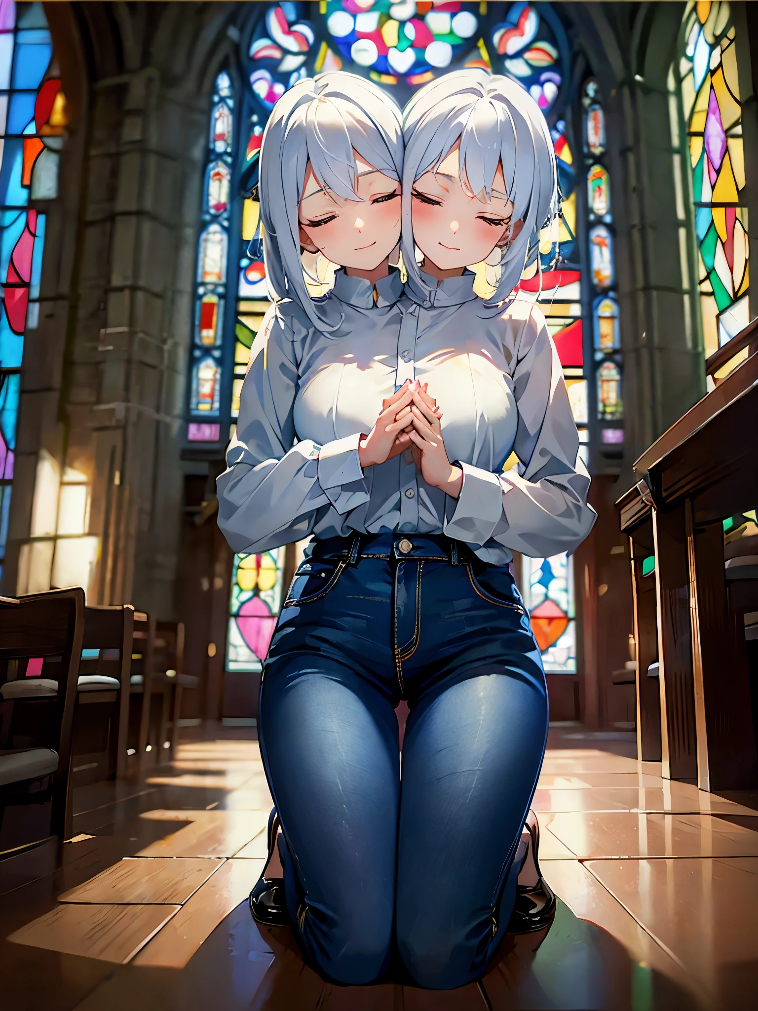 (masterpiece, best quality), best resolution, (2heads:1.5), 1girl, kneeling, eyes closed, praying hands, white hair, tan long sleeve shirt, blue jean pants, stained glass window, church sanctuary