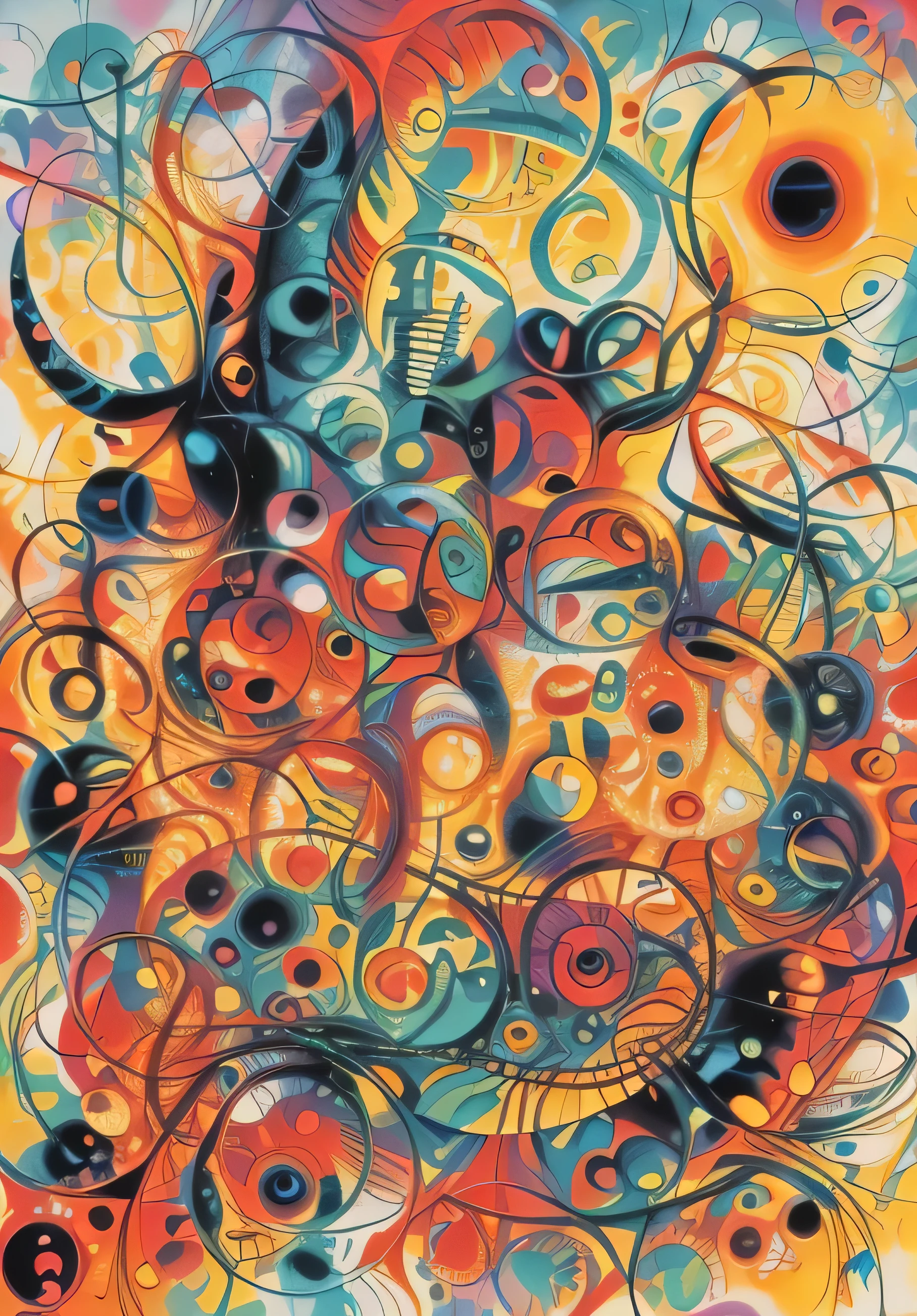 painting of a colorful abstract painting with many different colors, with numerous small green figures, red, blue, orange and purple, no central figure, not the center,  border filling, In the style of Jackson Pollock, Kandinsky's style, inspired Ernst Wilhelm Nye, abstract maximalist painting, in the styles of Joan Miró, abstract expressionism, expressive abstract art, Ernst Wilhelm Nye, inspired by Kandinsky, inspired by Wassily Kandinsky, lyrical abstraction, Kandinsky touches