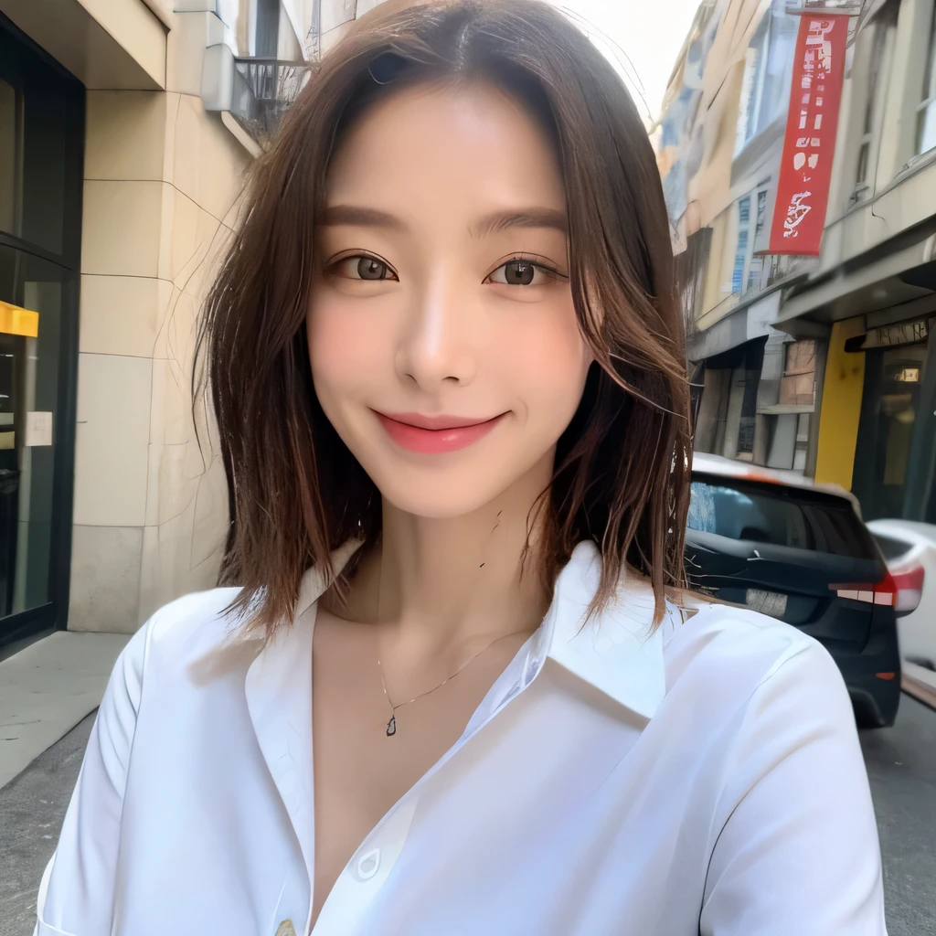 ((highest quality, 8k, masterpiece: 1.3)), sharp focus: 1.2, beautiful woman with perfect figure: 1.4, slim abs: 1.2, (layered hairstyles,: 1.2)), (wet white button long shirt: 1.3), rain: 1.3, street: 1.2, wet body: 1.1, Highly detailed face and skin texture, fine eyes, double eyelid, big breasts, smile, clavicle、