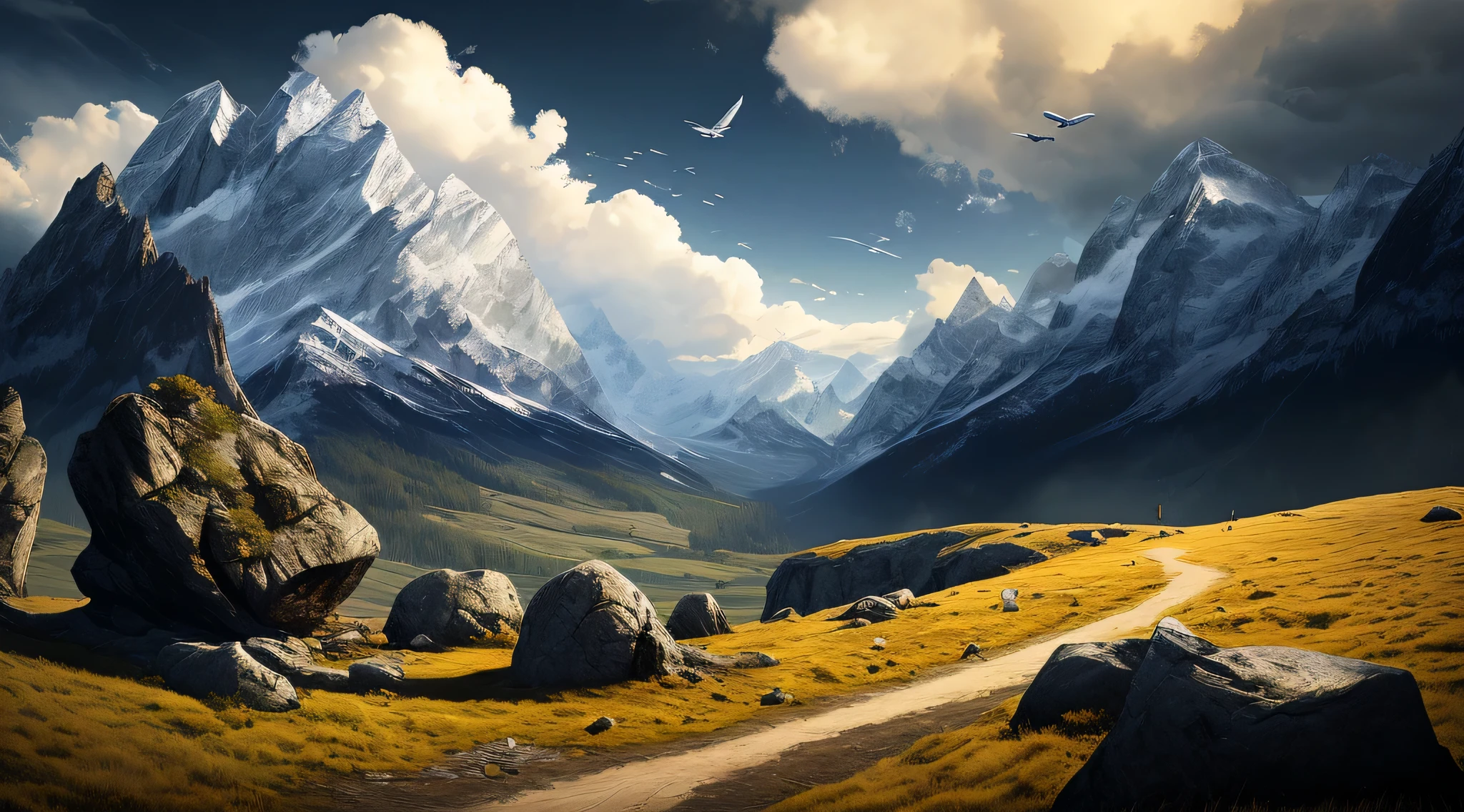 Environmental Art, no humans, landscape, Outdoor sports, rock, bird, Sky空, cloud, Mountain, Sky, concept art,