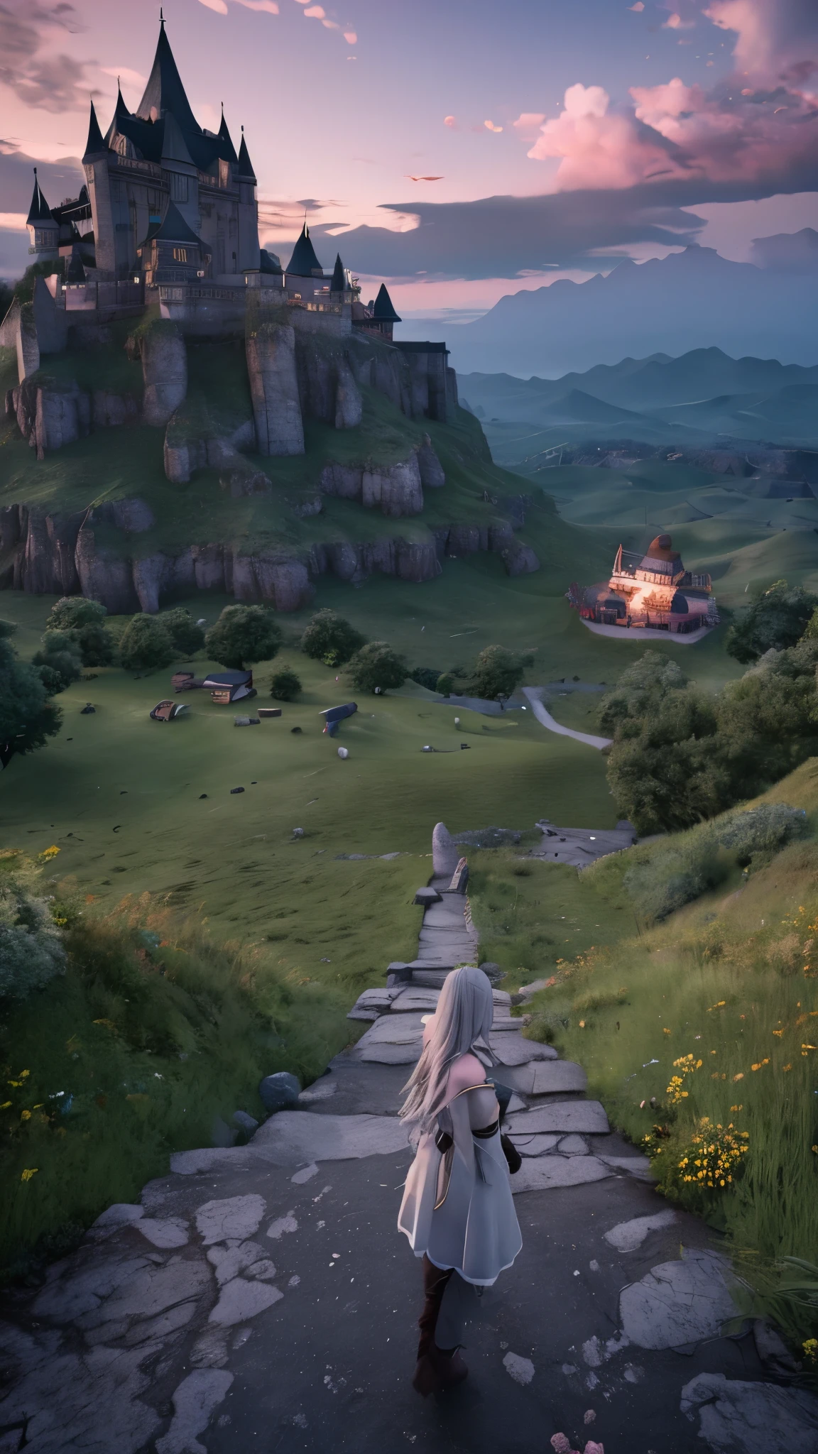 a person standing on top of a hill with a castle in the background, square enix cinematic art, akihiko yoshida. unreal engine, shadowbringers cinematic, final fantasy vll world concept, whitesmith, promotional images, background in a cinematic, still from a fantasy movie, final fantasy 1 4 screenshot, video game screenshot, matte painting unreal engine