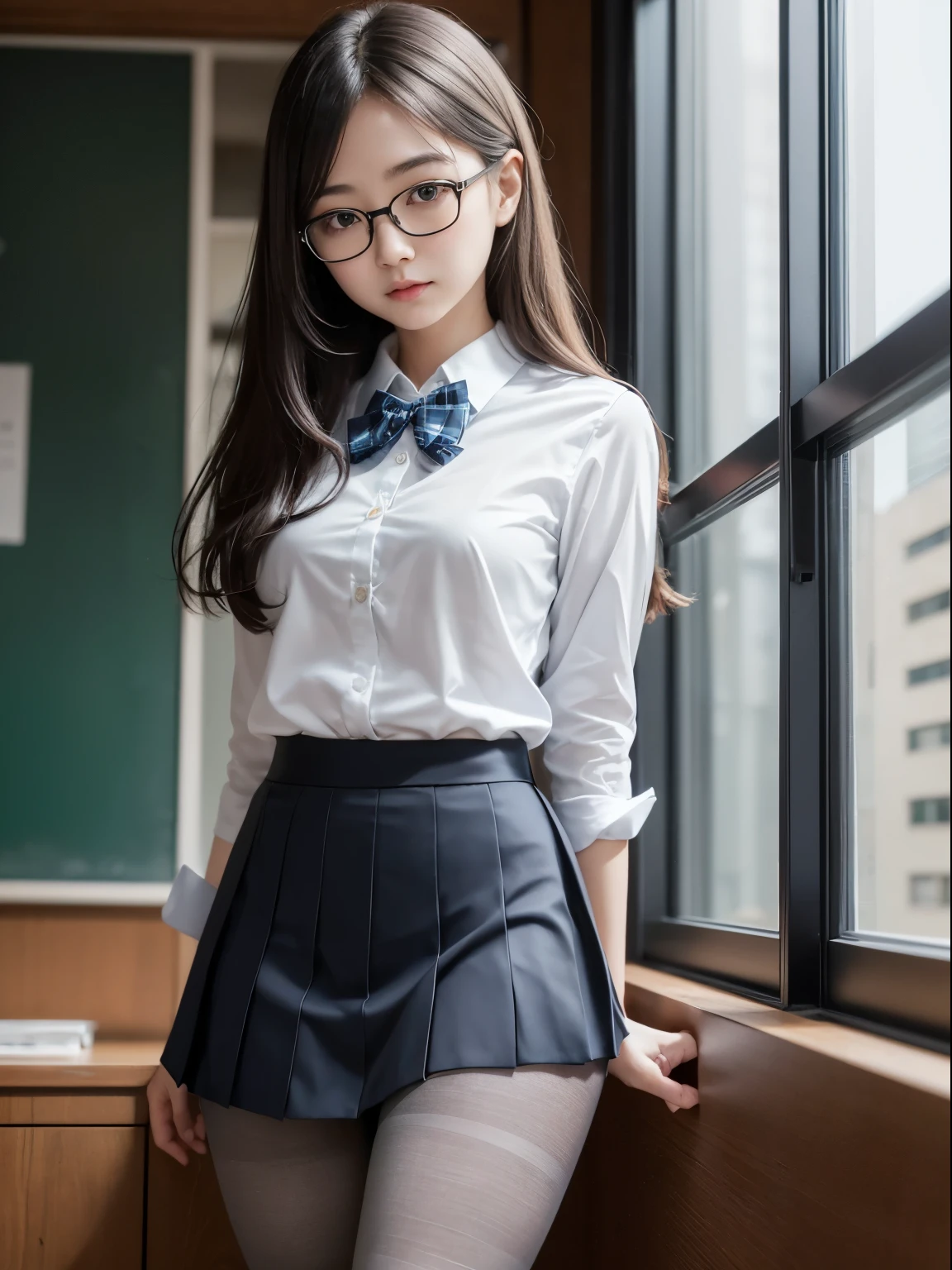 （8k、RAW photography、highest quality、masterpiece：1.2),Cheeky,School,looking at the viewer,Looking at the front,Muchimuchi,erotic,student,Light green Bra,Bra showing through shirt,white skin,knees,,(((black pantyhose)),((black pantyhose)))(((black pantyhose)),((black pantyhose))),absurd,small face,,flat chest,前hairを真ん中から分けます、I can see the forehead,(cold look,きついeye,glare,strong,skinny,skinny)、masterpiece,highest quality、超A high resolution,RAW photo,Len,beautiful feces,one person, solo,glasses,,dark look,small breasts,whole body,丸glasses、cute,JK uniform,high school girl,japanese woman,standing,（Photoreal：1.37）、photon mapping,realistic、beautiful woman,cutesmall face,茶色のeye、black socks、(red bow tie)、radio city、物理ベースのLenダリング、Depth of the bounds written、blurred background、picture,body,teenage girl,beautiful feet, long legs, thin legs,(前hairが見える), hair, lips, green_eye, nose soft,(light blue shirt), (Navy, blue and white plaid pleated skirt), kneesが見える,thin clothing,, thigh, black cotton socks,Nogizaka Idol, actress, Japanese ID information
