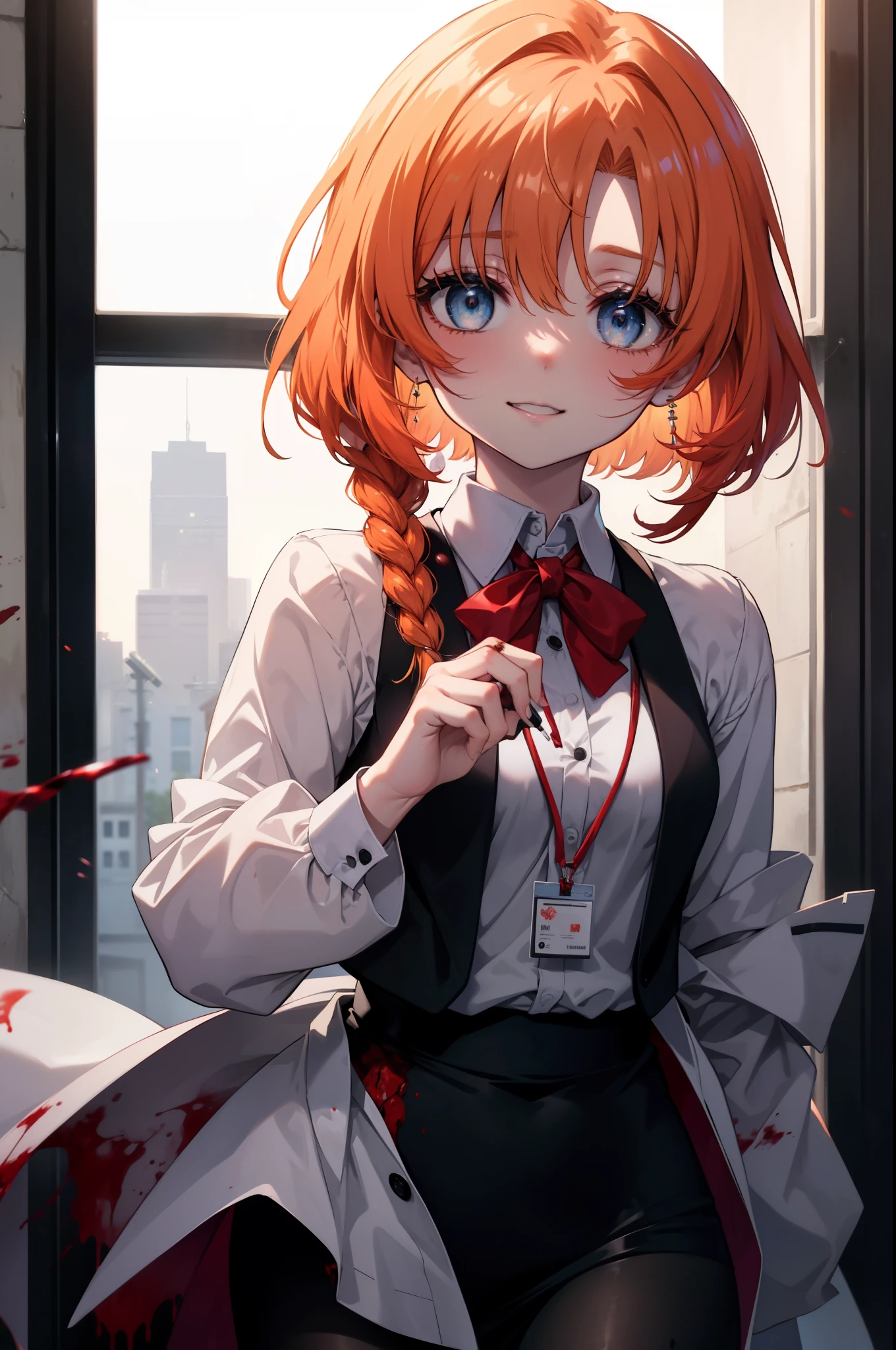 Rena Ryugu, rena ryuuguu, orange hair, long hair, short braid,hair blue eyes, smile, grin and laugh,bloody,blood droplets,There was a lot of blood all over the room.,creepy laughter, dead eyes,Psychopath horror,bloody clothes,blood drops,Spooky,Murder scene, serial killer, bathed in blood,Clothes with blood on them,black suit jacket with blood on it, bloody collared jacket,Bloodstained white dress shirt, shirt with blood on the collar, neckline, button, strap, ID card on neck, bloody black pencil skirt,bloody black pantyhose, looking at the viewer, (small breasts:1.2),
break looking at viewer,
break indoors, office,
break (masterpiece:1.2), highest quality, High resolution, unity 8k wallpaper, (figure:0.8), (detailed and beautiful eyes:1.6), highly detailed face, perfect lighting, Very detailed CG, (perfect hands, perfect anatomy),