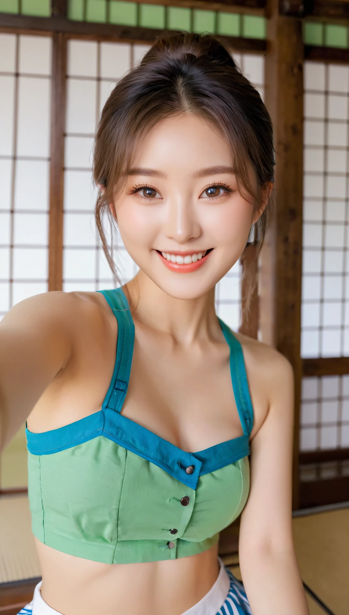 UHD, close-up of cute Korean female,Chest size 32 inches, ponytail, smile, Wearing blue and green crop top, selfie, in the Japanese castle