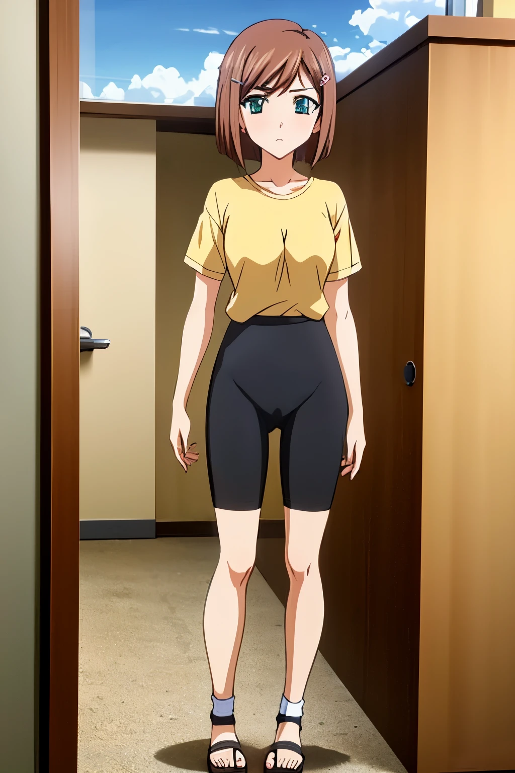 1girl, perfect face, hdr, moemiv1, brown hair, short hair, hairclip, green eyes, medium_breast, tucked shirt, yellow shirt, short_sleeves, bike_shorts, pov, white socks, brown sandals, full body, standing,