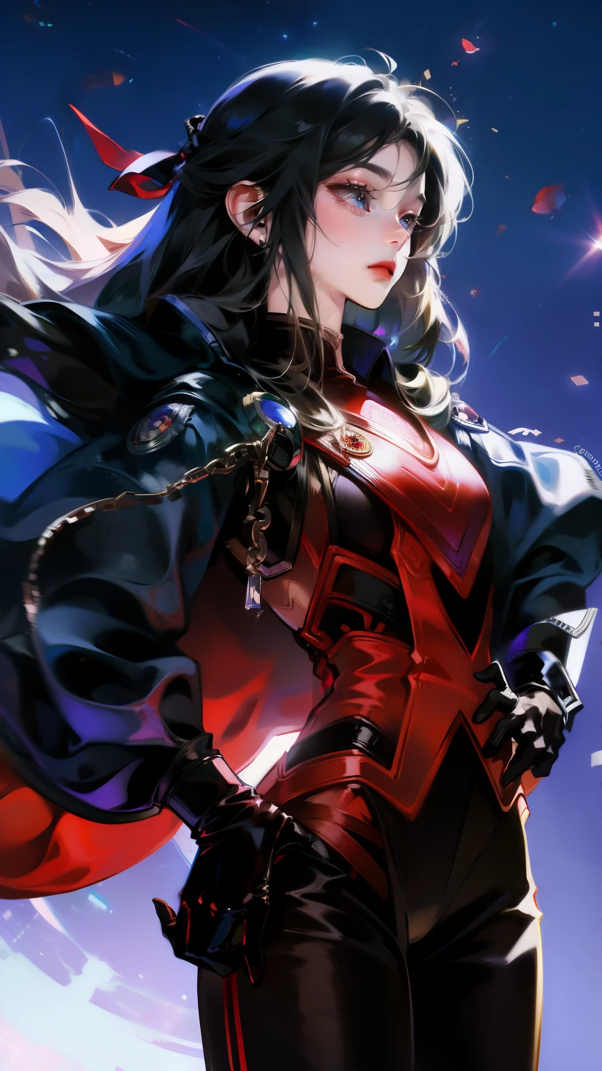 (masterpiece, best quality:1.2), from below, solo, 1girl, ozen, expressionless, closed mouth, looking at viewer, hands on hips, black jacket, cape, black pants, black gloves