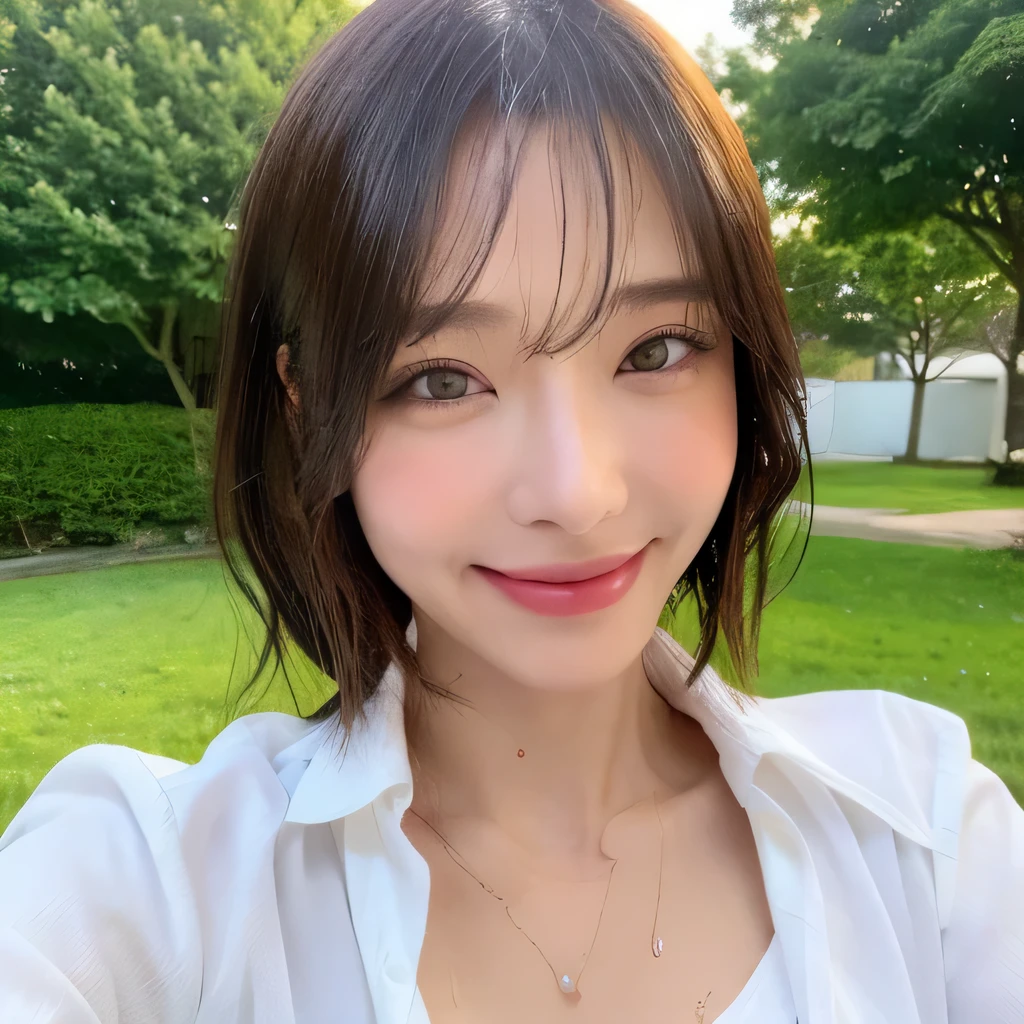 ((highest quality, 8k, masterpiece: 1.3)), sharp focus: 1.2, beautiful woman with perfect figure: 1.4, slim abs: 1.2, (layered hairstyles,: 1.2)), (wet white button long shirt: 1.3), rain: 1.3, street: 1.2, wet body: 1.1, Highly detailed face and skin texture, fine eyes, double eyelid, big breasts, smile, clavicle、Berry Short、