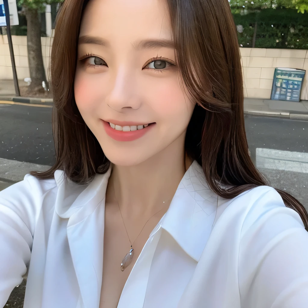 ((highest quality, 8k, masterpiece: 1.3)), sharp focus: 1.2, beautiful woman with perfect figure: 1.4, slim abs: 1.2, (layered hairstyles,: 1.2)), (wet white button long shirt: 1.3), rain: 1.3, street: 1.2, wet body: 1.1, Highly detailed face and skin texture, fine eyes, double eyelid, big breasts, smile, clavicle、Berry Short、