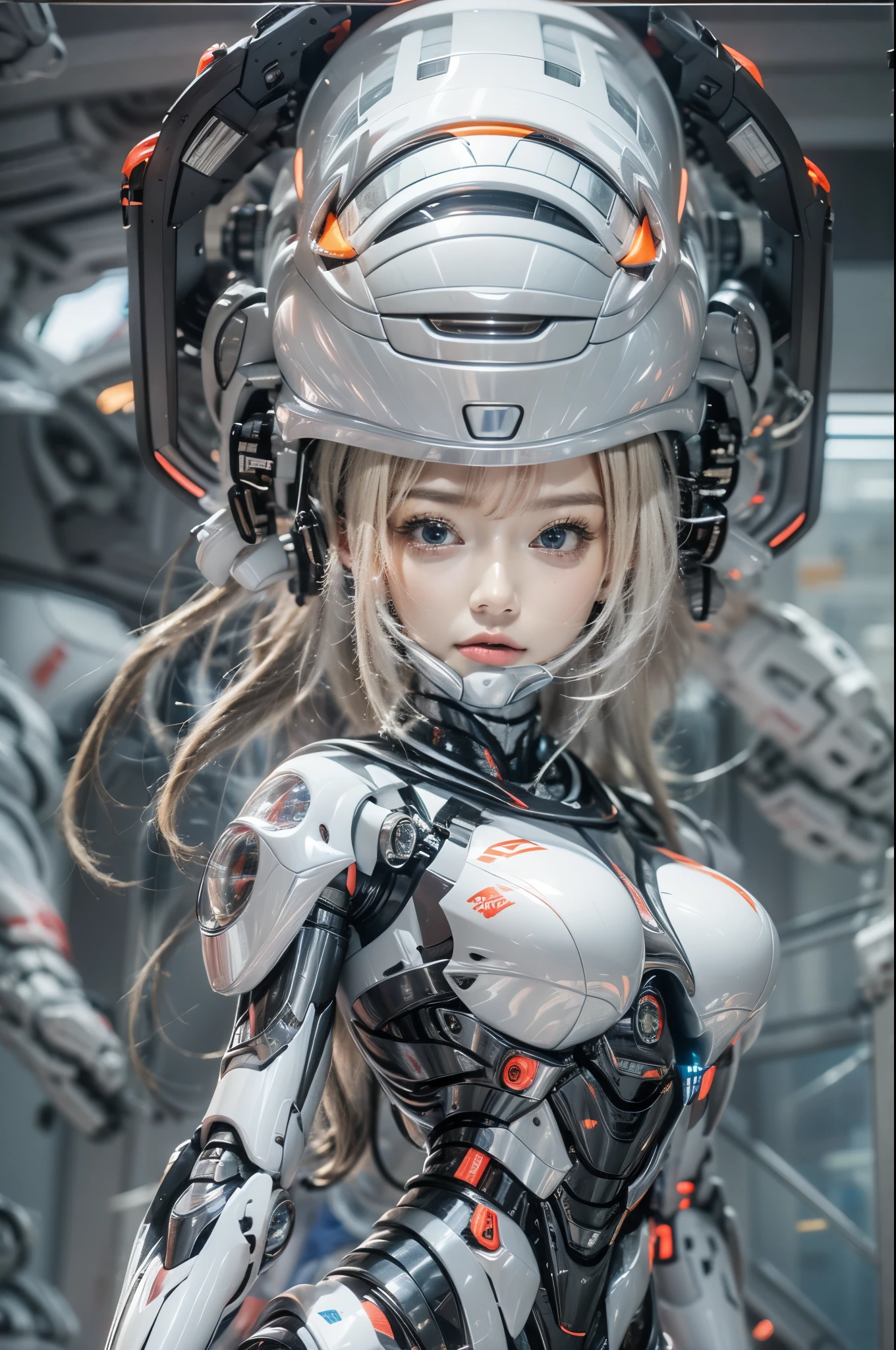 One is dressed in a futuristic suit、Woman in helmet, Mecha cyber armor girl, Armored astronaut portrait , Perfect anime robot woman, female armor, girl wearing robotic suit, cute robot girl, Beautiful girl robot, cosplayer dressed like a crab, Japanese robots, Perfect woman, Portrait anime space cadet girl, beautiful girl