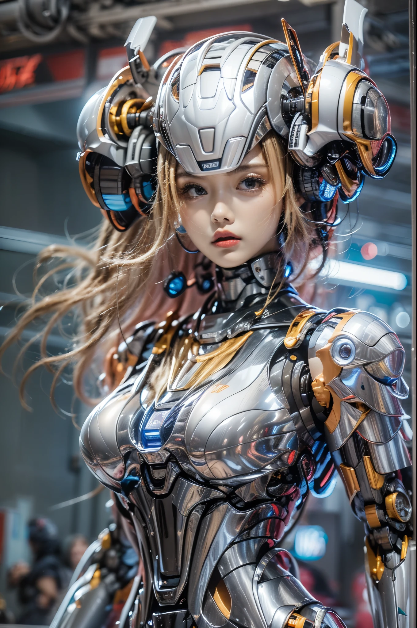 One is dressed in a futuristic suit、Woman in helmet, Mecha cyber armor girl, Armored astronaut portrait , Perfect anime robot woman, female armor, girl wearing robotic suit, cute robot girl, Beautiful girl robot, cosplayer dressed like a crab, Japanese robots, Perfect woman, Portrait anime space cadet girl, beautiful girl