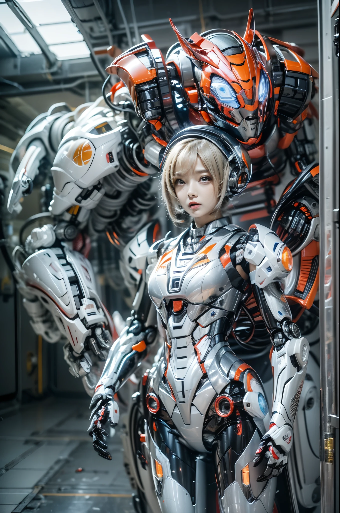 One is dressed in a futuristic suit、Woman in helmet, Mecha cyber armor girl, Armored astronaut portrait , Perfect anime robot woman, female armor, girl wearing robotic suit, cute robot girl, Beautiful girl robot, cosplayer dressed like a crab, Japanese robots, Perfect woman, Portrait anime space cadet girl, beautiful girl