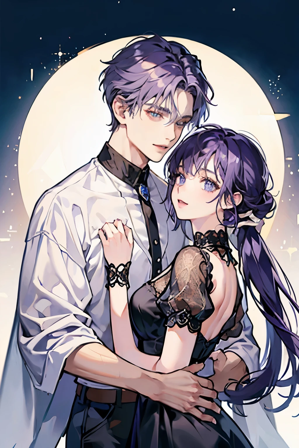 white background、((Man with purple hair))、droppy eyes、blue eyeole on face、man in white shirt、Short-haired man、Handsome guy、chest、center parting man、black slacks、smile、 male、adult woman、woman in a black dress、long hair girl、 man holding a woman、man and woman hugging each other、brown hair girl、beautiful boy、girl with bangs、detailed face、clear face、Side hugging