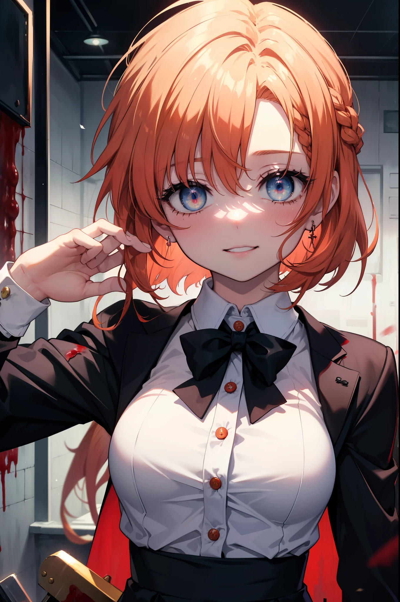 Rena Ryugu, rena ryuuguu, orange hair, long hair, short braid,hair blue eyes, smile, grin and laugh,bloody,blood droplets,There was a lot of blood all over the room.,creepy laughter, dead eyes,Psychopath horror,bloody clothes,blood drops,Spooky,Murder scene, serial killer, bathed in blood,Clothes with blood on them，black suit jacket with blood on it, bloody collared jacket,Bloodstained white dress shirt, shirt with blood on the collar, neckline, button, strap, ID card on neck, bloody black pencil skirt,bloody black pantyhose, looking at the viewer, (small breasts:1.2),
break looking at viewer,
break indoors, office,
break (masterpiece:1.2), highest quality, High resolution, unity 8k wallpaper, (figure:0.8), (detailed and beautiful eyes:1.6), highly detailed face, perfect lighting, Very detailed CG, (perfect hands, perfect anatomy),
