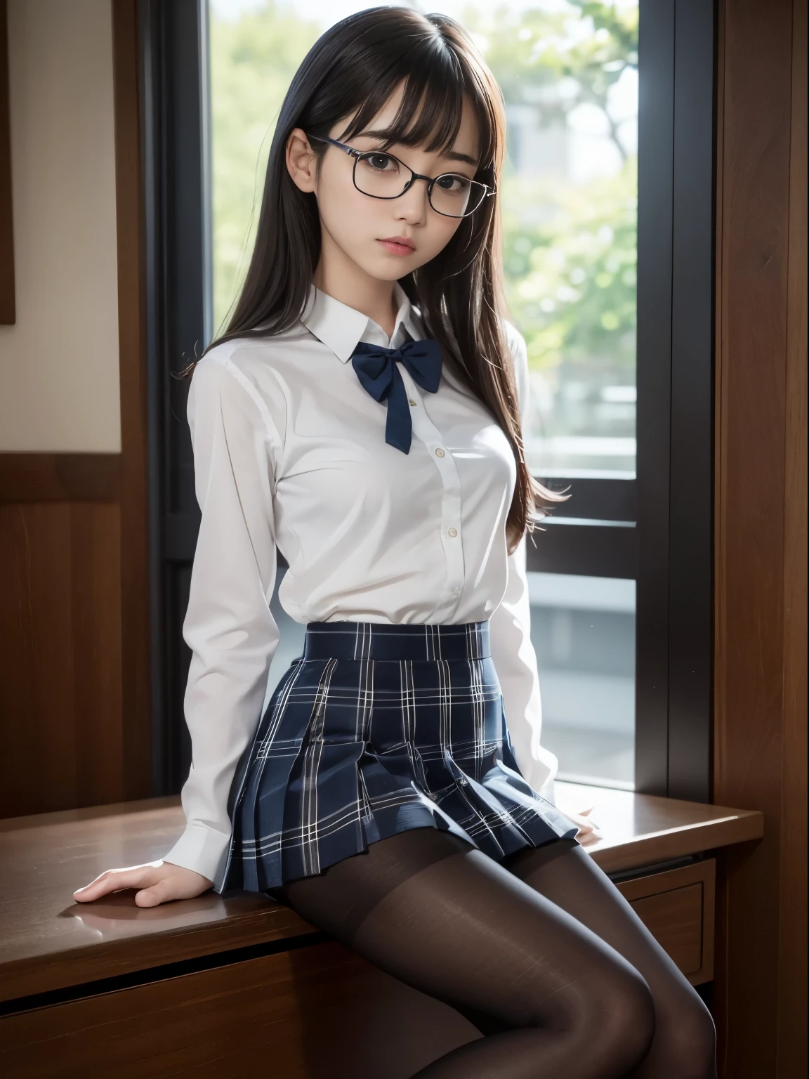 （8k、RAW photography、highest quality、masterpiece：1.2),Cheeky,School,looking at the viewer,Looking at the front,Muchimuchi,erotic,student,Light green Bra,Bra showing through shirt,white skin,knees,,(((black pantyhose)),((black pantyhose)))(((black pantyhose)),((black pantyhose))),absurd,small face,,flat chest,前hairを真ん中から分けます、I can see the forehead,(cold look,きついeye,glare,strong,skinny,skinny)、masterpiece,highest quality、超A high resolution,RAW photo,Len,beautiful feces,one person, solo,glasses,,dark look,small breasts,whole body,丸glasses、cute,JK uniform,high school girl,japanese woman,standing,（Photoreal：1.37）、photon mapping,realistic、beautiful woman,cutesmall face,茶色のeye、black socks、(red bow tie)、radio city、物理ベースのLenダリング、Depth of the bounds written、blurred background、picture,body,teenage girl,beautiful feet, long legs, thin legs,(前hairが見える), hair, lips, green_eye, nose soft,(light blue shirt), (Navy, blue and white plaid pleated skirt), kneesが見える,thin clothing,, thigh, black cotton socks,Nogizaka Idol, actress, Japanese ID information
