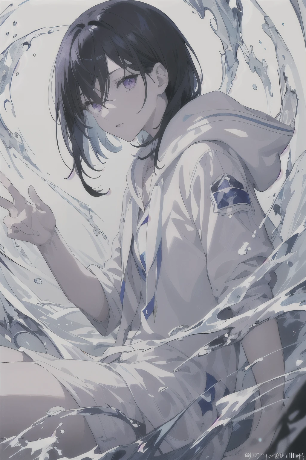(masterpiece, top quality, best quality, official art, beautiful and aesthetic), female, medium black hair, blue side hair, flyng bangs, equals eyes, sharp eyes, purple eyes, white skin, Dynamic Pose, Extreme Detail, modern white shirt, white hood, writer, Effect, brilliant aura, water