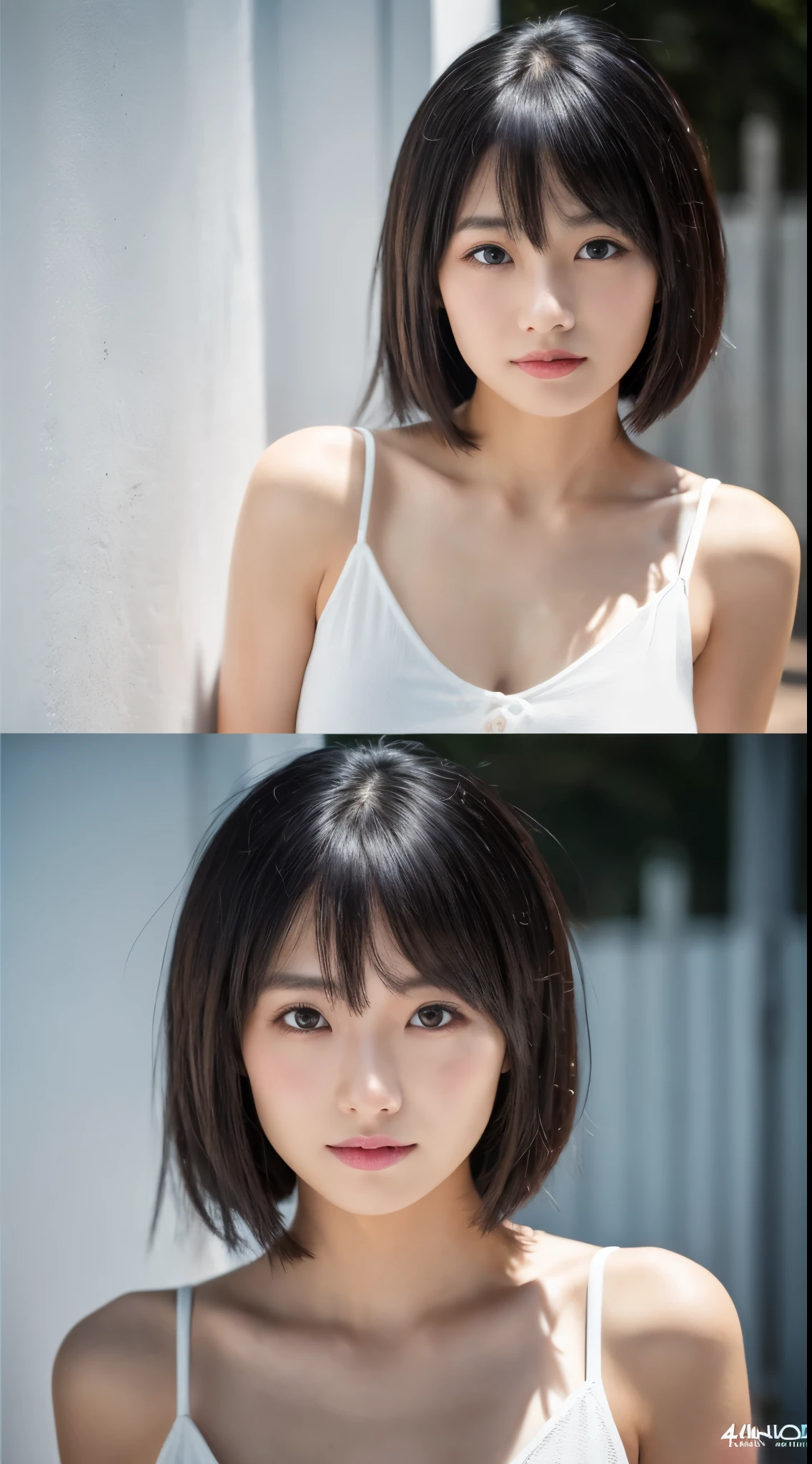 (highest quality,4k,High resolution,masterpiece:1.4),(realistic pictures:1.4),professional lighting,woman,Physically based rendering,cowboy shot,short hair,layered cut,black hair,highly detailed face,fine skin,(日本人woman:1.05),In the 30s,I have some thin bangs,Group,white room,white wall,bright lighting