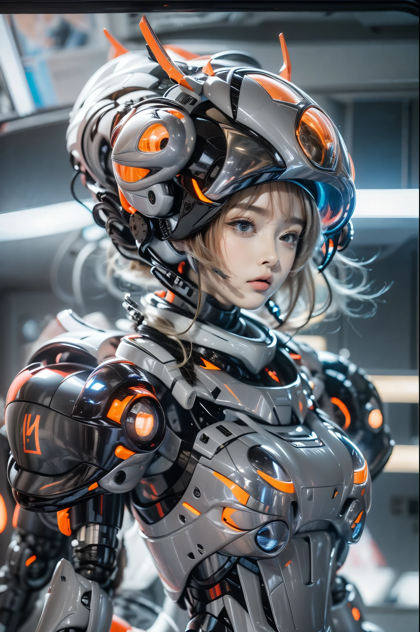 One is dressed in a futuristic suit、Woman in helmet, Mecha cyber armor girl, Armored astronaut portrait , Perfect anime robot woman, female armor, girl wearing robotic suit, cute robot girl, Beautiful girl robot, cosplayer dressed like a crab, Japan, Perfect woman, Portrait anime space cadet girl, beautiful girl