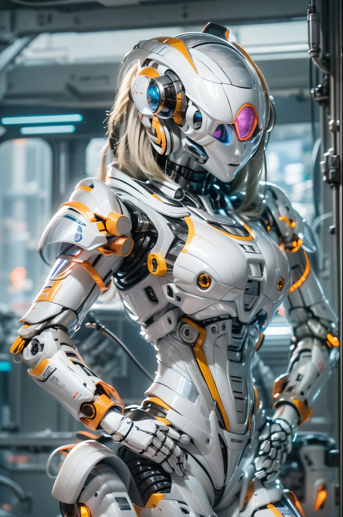 One is dressed in a futuristic suit、Woman in helmet, Mecha cyber armor girl, Armored astronaut portrait , Perfect anime robot woman, female armor, girl wearing robotic suit, cute robot girl, Beautiful girl robot, cosplayer dressed like a crab, Japan, Perfect woman, Portrait anime space cadet girl, beautiful girl