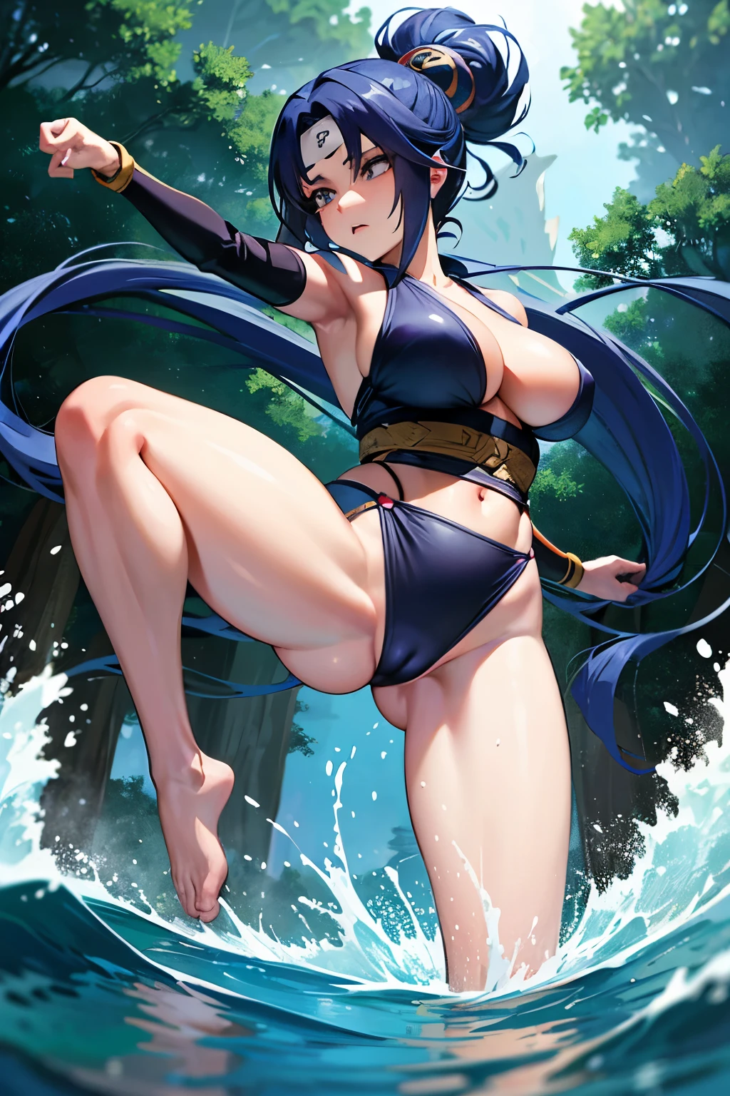 A kunoichi beautiful female ninja with very very long blue hair in Naruto anime style engages in combat, her graceful roundhouse kick morphing into a triangle of water as she unleashes a formidable jutsu, the scene unfolding amidst a misty forest with ancient trees towering overhead, capturing the mystical essence of ninja arts, anime style details of the water triangle forming mid-kick, leg up, kicking, powerful taijutsu, high kick, triangle of water forming