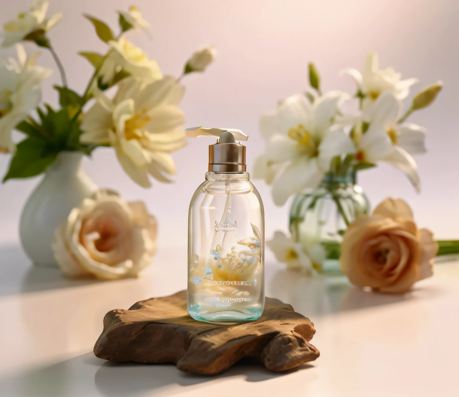 A white bottle，White plastic bottle，best quality， essential oils， Floral fragrance， Simple and simple background，Super detailed，Super real photos，realism，（Plus products）