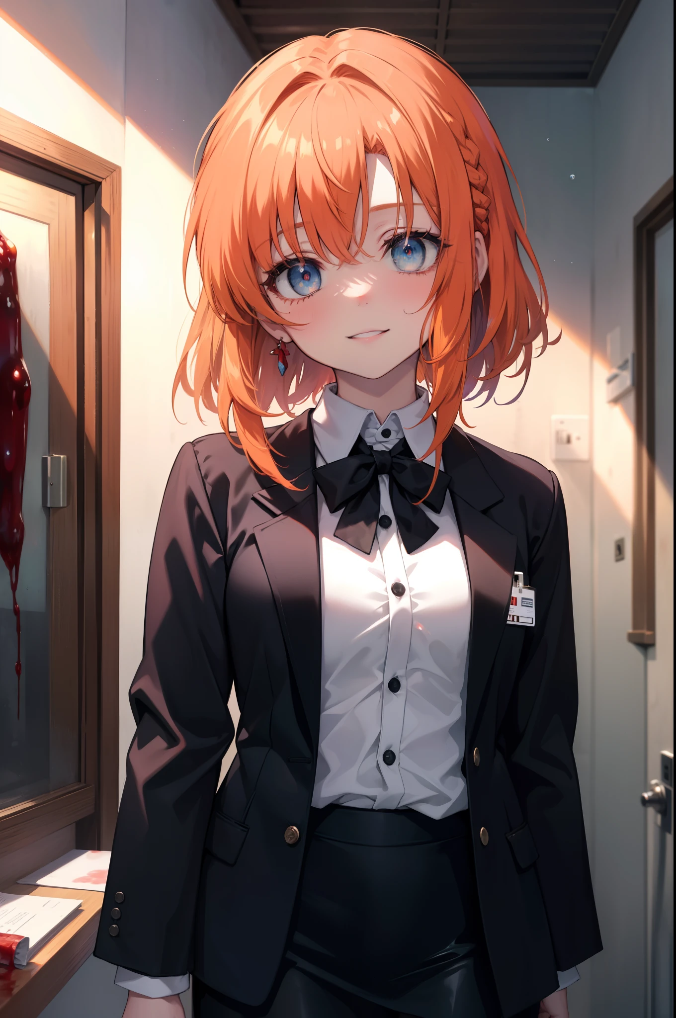Rena Ryugu, rena ryuuguu, orange hair, long hair, short braid,hair blue eyes, smile, grin and laugh,bloody,blood droplets,There was a lot of blood all over the room.,creepy laughter, dead eyes,Psychopath horror,bloody clothes,blood drops,Spooky,Murder scene, serial killer, bathed in blood,Clothes with blood on them,black suit jacket with blood on it, bloody collared jacket,Bloodstained white dress shirt, shirt with blood on the collar, neckline, button, strap, ID card on neck, bloody black pencil skirt,bloody black pantyhose, looking at the viewer, (small breasts:1.2),
break looking at viewer,
break indoors, office,
break (masterpiece:1.2), highest quality, High resolution, unity 8k wallpaper, (figure:0.8), (detailed and beautiful eyes:1.6), highly detailed face, perfect lighting, Very detailed CG, (perfect hands, perfect anatomy),