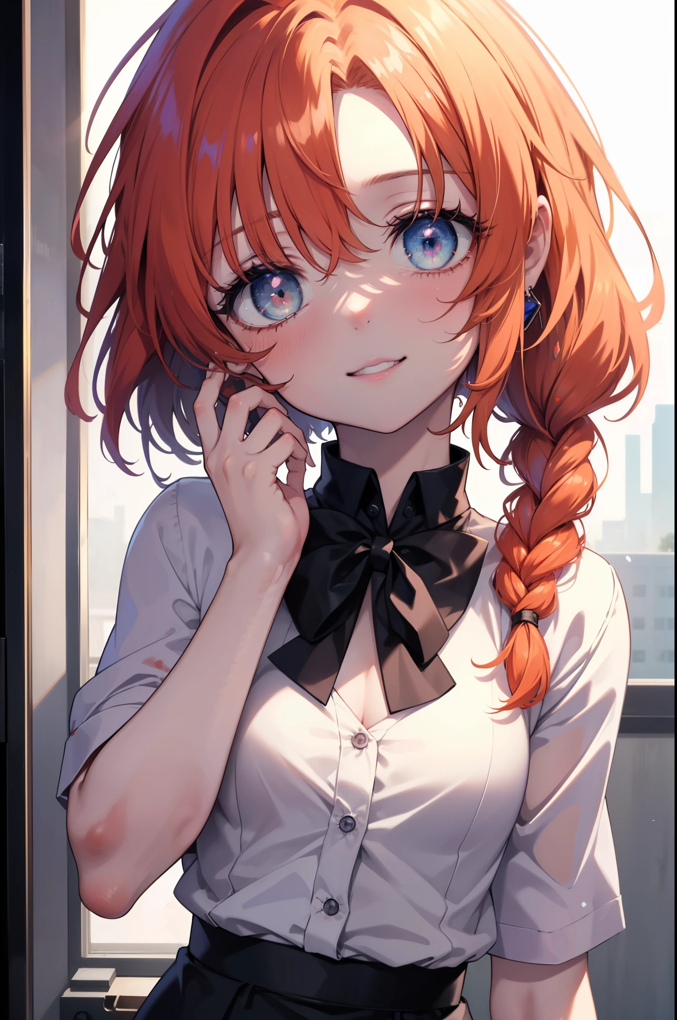 Rena Ryugu, rena ryuuguu, orange hair, long hair, short braid,hair blue eyes, smile, grin and laugh,bloody,blood droplets,There was a lot of blood all over the room.,creepy laughter, dead eyes,Psychopath horror,bloody clothes,blood drops,Spooky,Murder scene, serial killer, bathed in blood,Clothes with blood on them,black suit jacket with blood on it, bloody collared jacket,Bloodstained white dress shirt, shirt with blood on the collar, neckline, button, strap, ID card on neck, bloody black pencil skirt,bloody black pantyhose, looking at the viewer, (small breasts:1.2),
break looking at viewer,
break indoors, office,
break (masterpiece:1.2), highest quality, High resolution, unity 8k wallpaper, (figure:0.8), (detailed and beautiful eyes:1.6), highly detailed face, perfect lighting, Very detailed CG, (perfect hands, perfect anatomy),