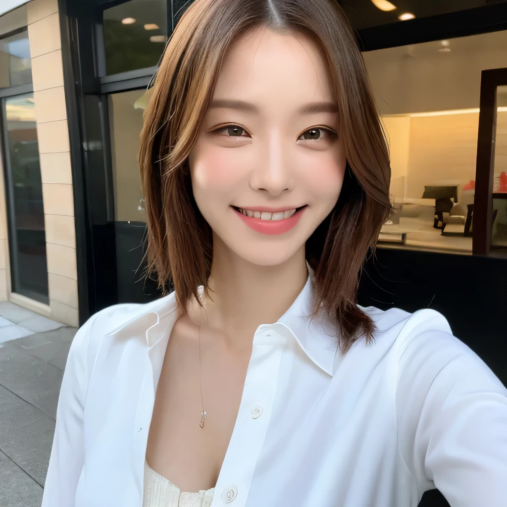 ((highest quality, 8k, masterpiece: 1.3)), sharp focus: 1.2, beautiful woman with perfect figure: 1.4, slim abs: 1.2, (layered hairstyles,: 1.2)), (wet white button long shirt: 1.3), rain: 1.3, street: 1.2, wet body: 1.1, Highly detailed face and skin texture, fine eyes, double eyelid, big breasts, smile, clavicle、beautiful clavicle、Berry Short、shortcut、
