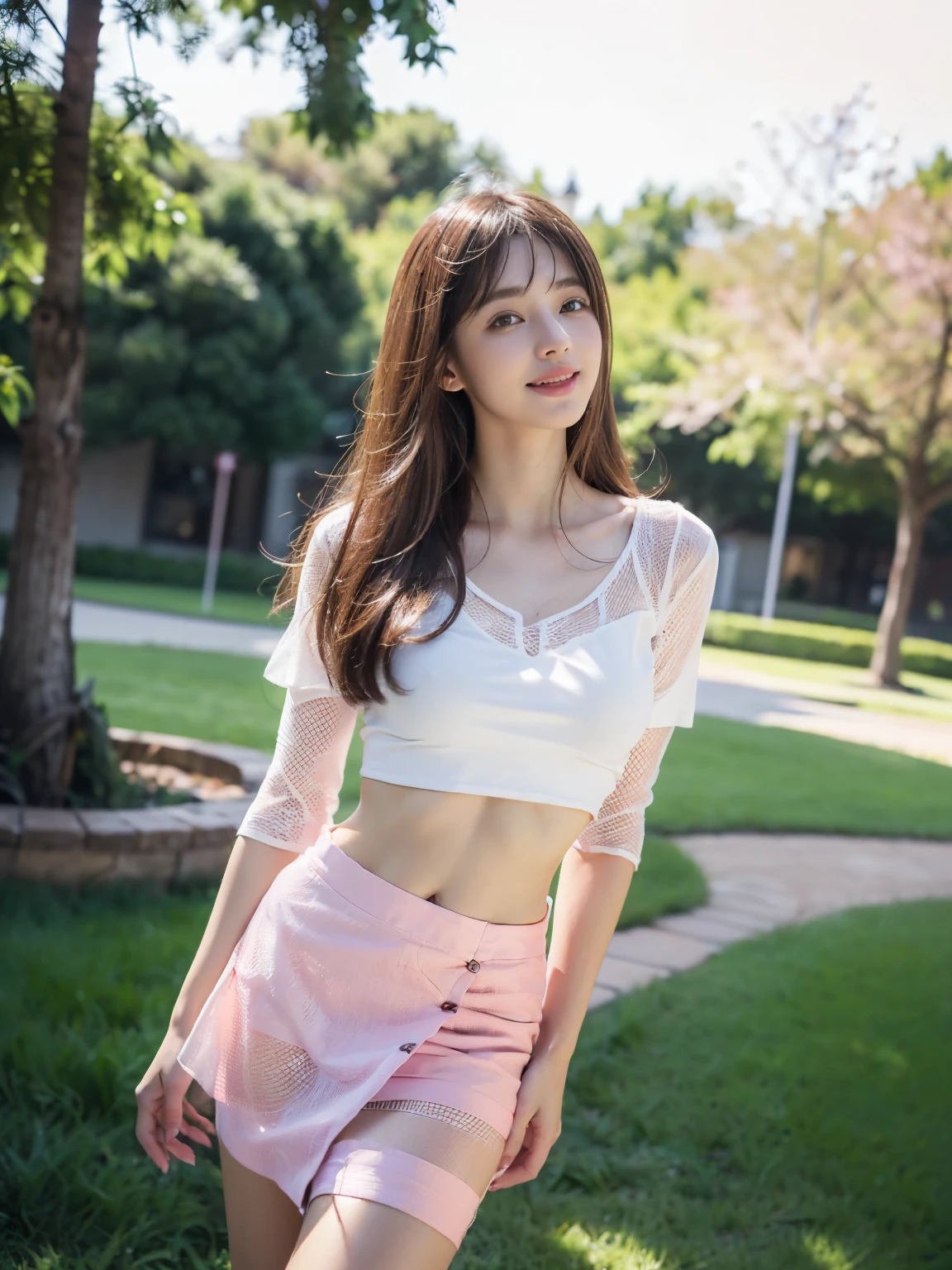1girl, egirl, korean, wavy hair, white top, pink sarong skirt, up to knees, outdoor, cute pose, glossy lips, full body, realistic, wonyounglorashy