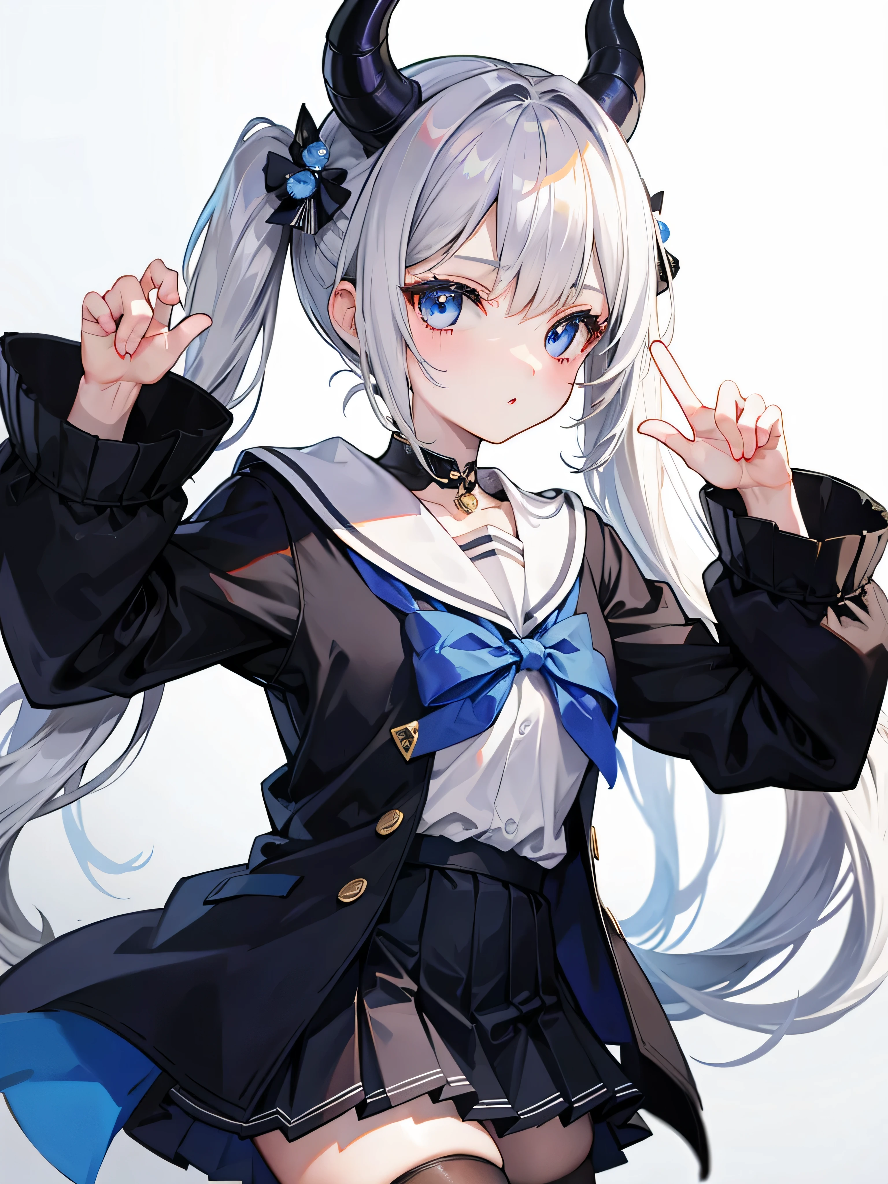 Grey hair, blue eyes, twintails, Sailor suit,black coat, Dragon horns,Pleated skirt,solo,,cute,bow