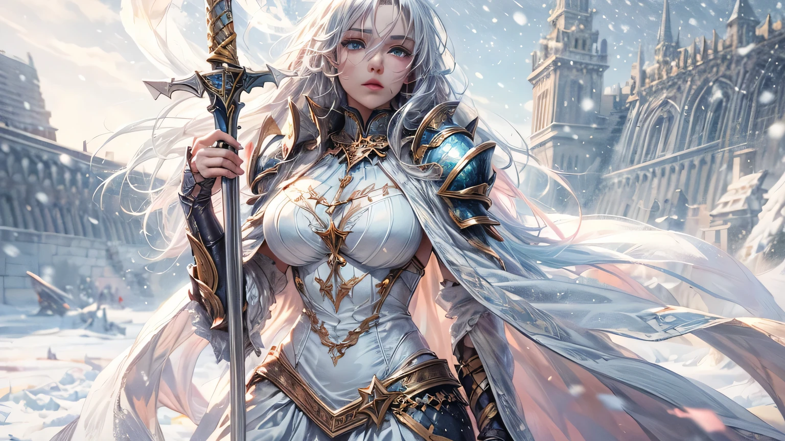 4K, ((very delicate))realistic, high resolution, that'that'It's snowing, burning , collapsed castle wall, alone, silver-white hair, long hair, tear, woe, look at the viewer, (detailed face), super super big, 1 long sword, with a knife in hand, fantasy world, big bust, thick thighs, enlargement, bikini style white dress, wearing armor, 20 years old, her profile,