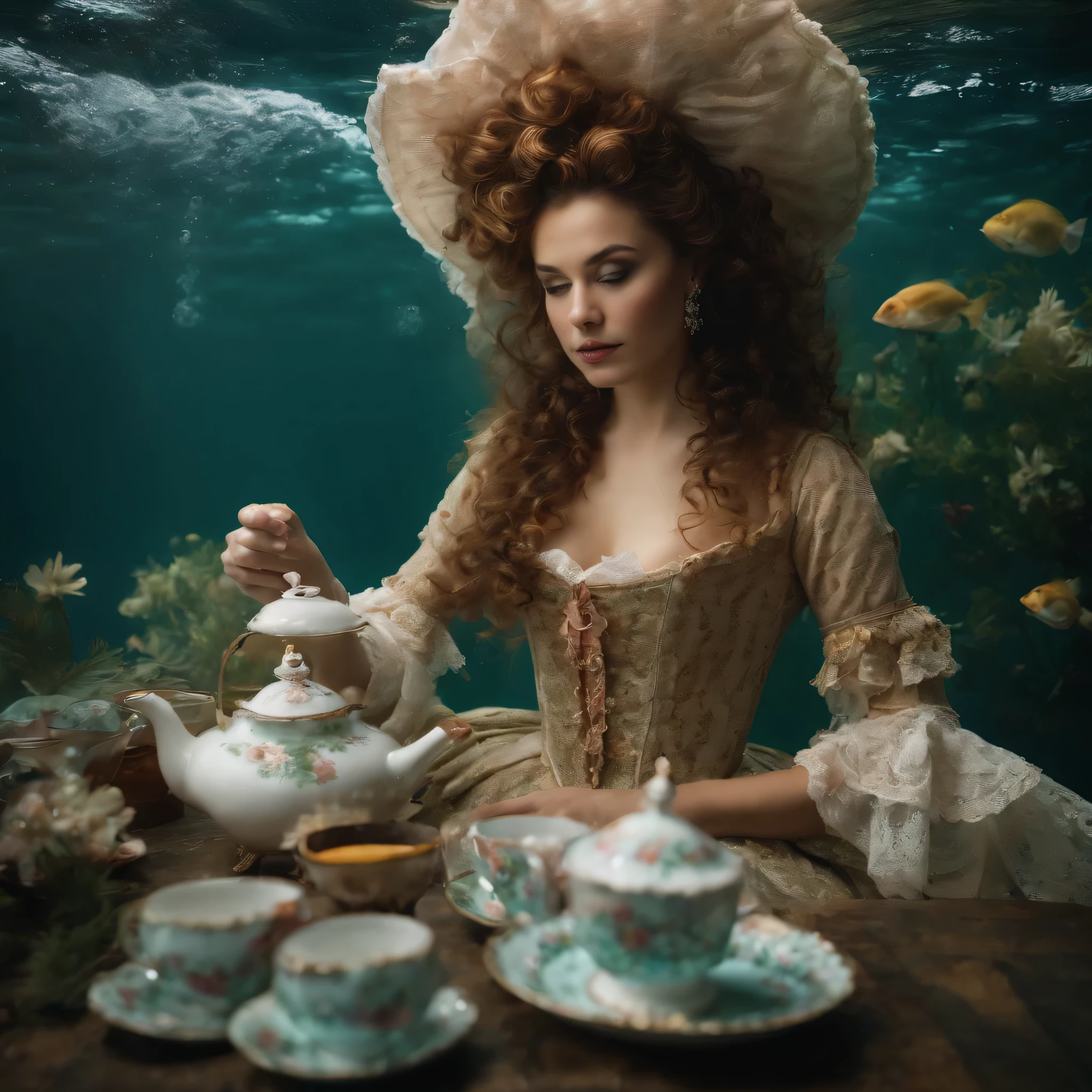A woman in an 18th century dress drinks tea underwater.  hair, Flowing fabric, Bubbles.  Tea cups, cymbals, Kettles.  curls, ribbons, lace.