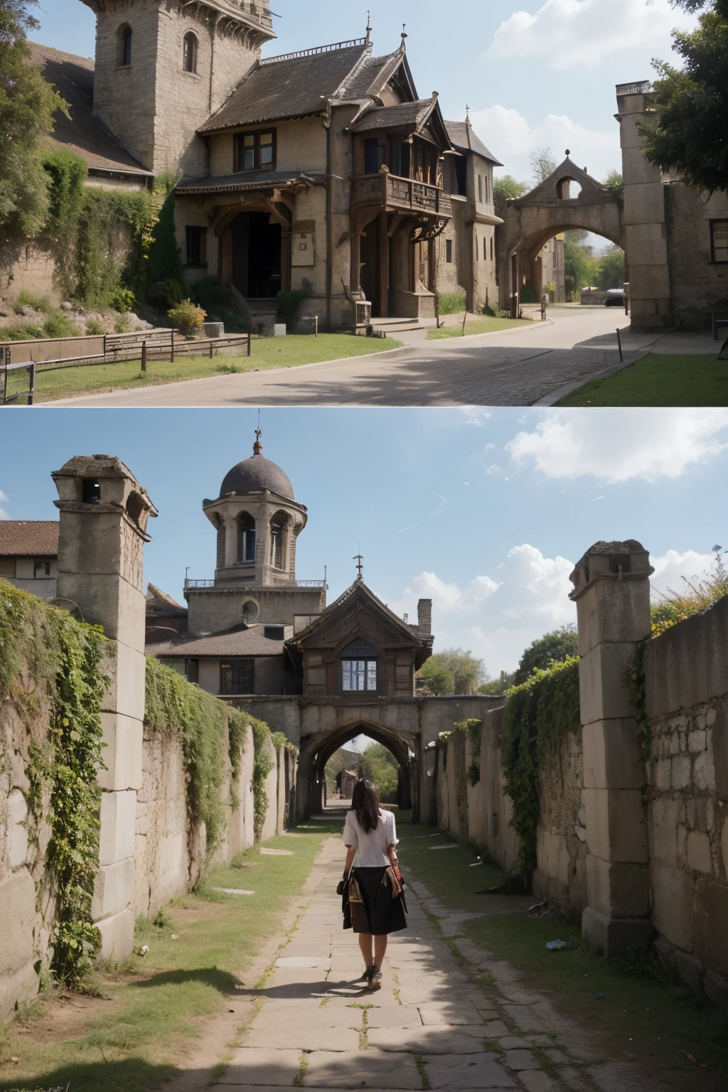 quiero una imagen en 4k muy detallada. where there is an incredible, surprising kingdom of the best architectural works and you can see how anime-style adventurers enter and leave the kingdom that you can see all types of adventurers from semi-human types, dragones, gatos, lobos, all in harmony in the light of day and the Kingdom shines as if it were made of gold full of vegetation and exotic plants.