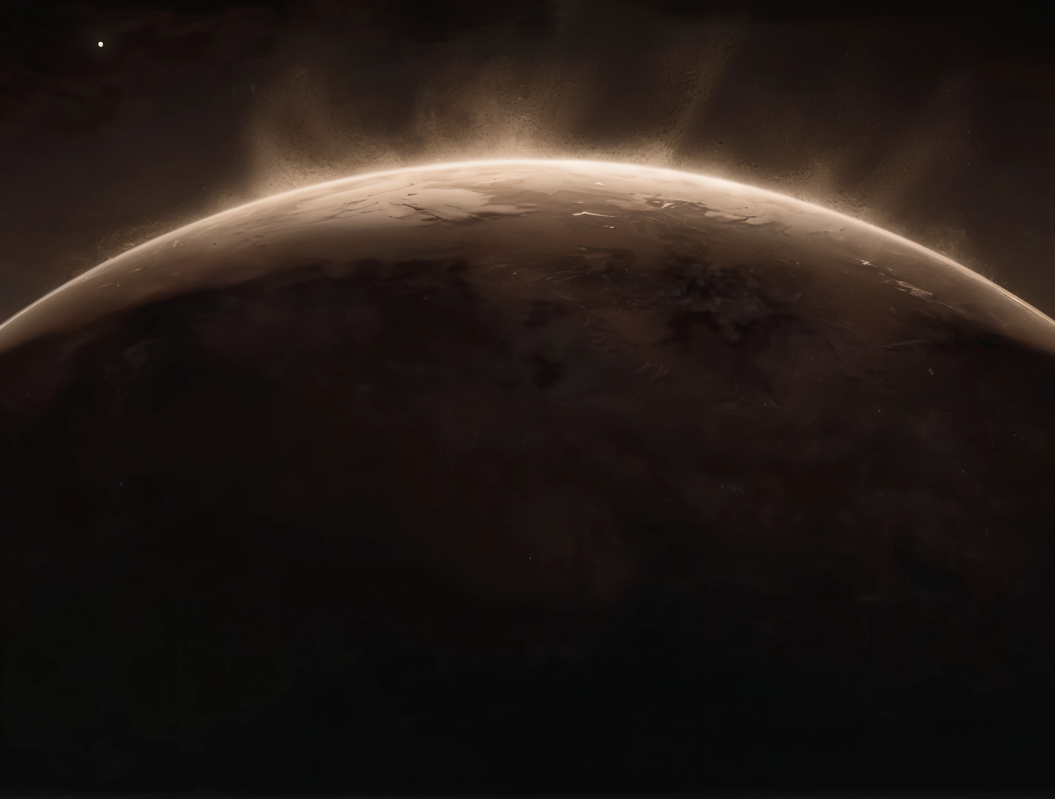 Close-up of planet with sun in background, moody gold planet, Planet Arakis, Solar Flare Unreal Engine, Atmospheric rendering, planet surface, big planet in background, Atmospheric 8k, Unreal Engine 5 rendering drama, HD 4K mobile wallpaper, mars as background, round planet behind it, Extremely detailed Octane renderings, desolate gloomy planet