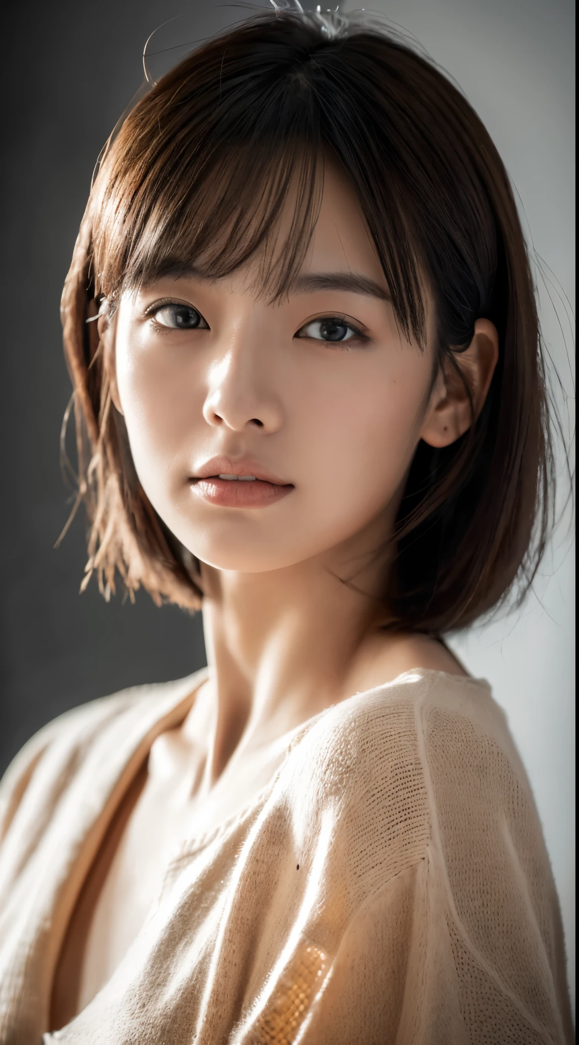 (highest quality,4k,High resolution,masterpiece:1.4),(realistic pictures:1.4),professional lighting,woman,Physically based rendering,cowboy shot,short hair,layered cut,black hair,highly detailed face,fine skin,(日本人woman:1.05),In the 30s,I have some thin bangs,Group,white room,white wall,bright lighting