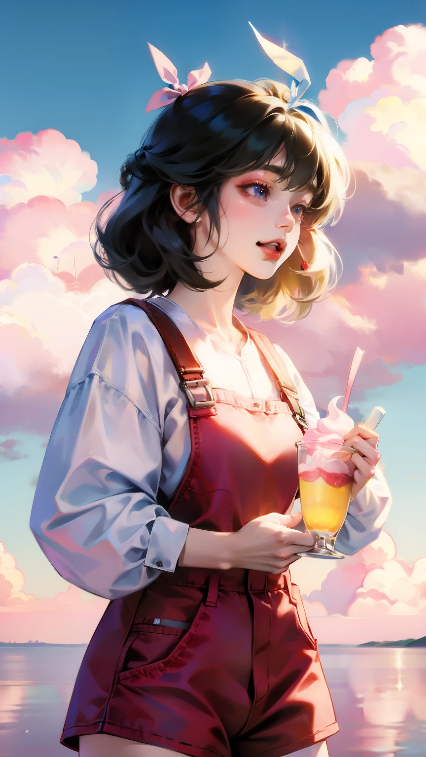 masterpiece,best quality, 1girl,solo,haru urara,overalls,overall shorts,flower-shaped pupils,loli,pink shirt,holding ice cream,(horse tail:0.6),smile,open mouth,cloudy, 