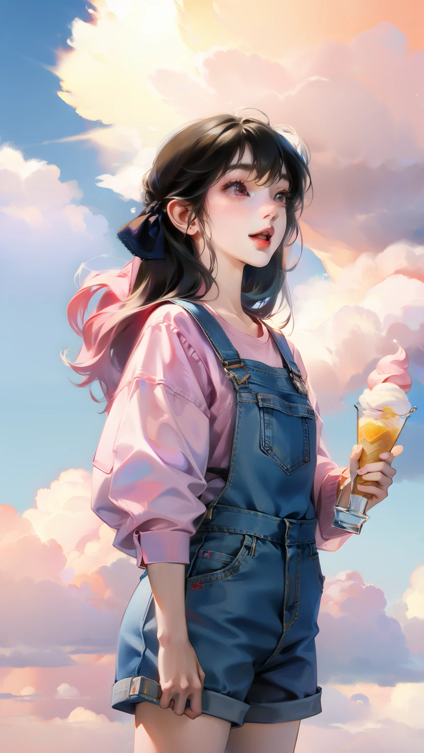 masterpiece,best quality, 1girl,solo,haru urara,overalls,overall shorts,flower-shaped pupils,loli,pink shirt,holding ice cream,(horse tail:0.6),smile,open mouth,cloudy, 