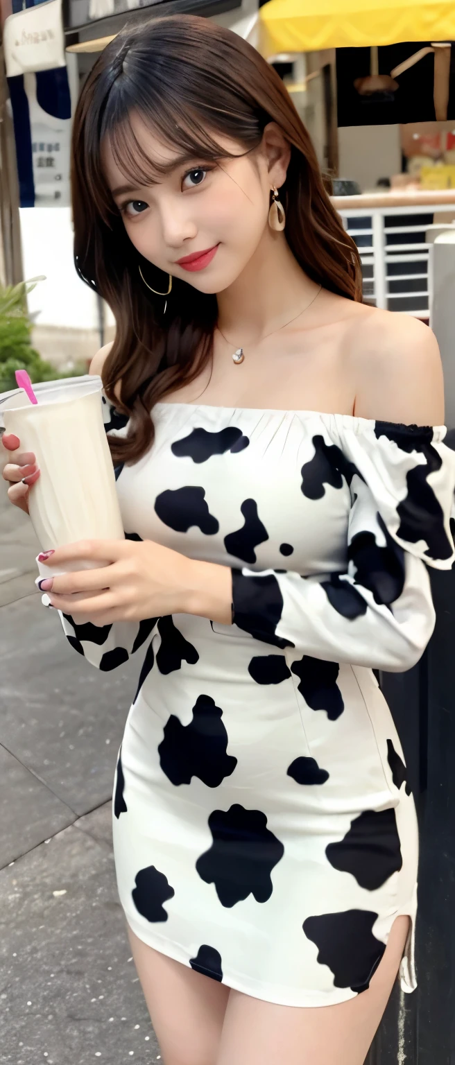 gorgeous idol、whole body、good style、、、、、Cow print tight mini dress（off shoulder）、cow horn、ranch、Drinking milk