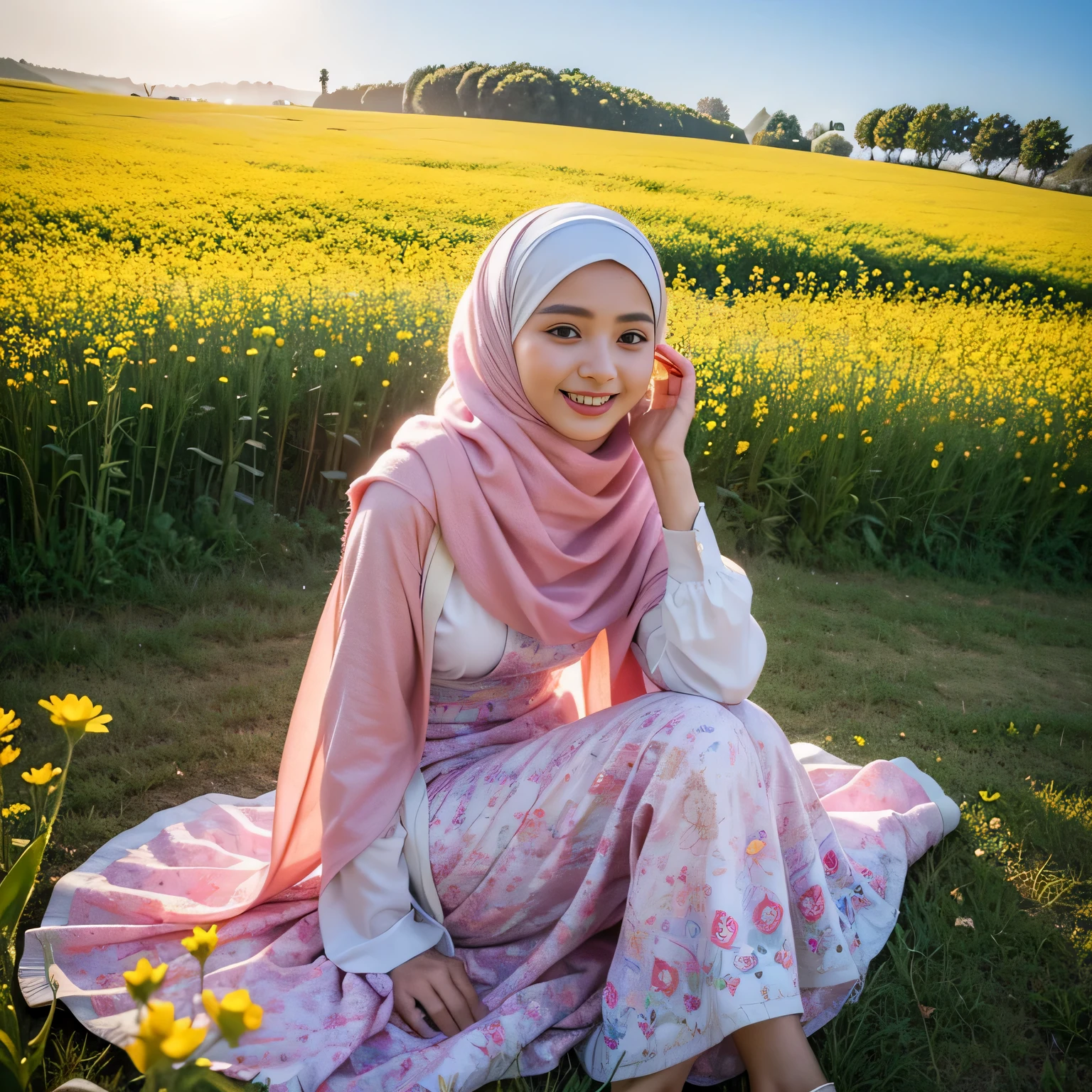 TYPE : Beauty Photography
THEME : islamic , moslem
RACE : Indonesian, young
PERSON 1 : Early 20s, woman
SCENE : outdoor , sitting in the middle of a field of very tall and beautiful flower field, side view , full filled with tall flower field, creating an beauty atmosphere , wind blowing effect, beautiful expression , graceful pose .smile at camera
PROPS: : fields of tall flower field, blue sky , wearing soft pink patterned long hijab , soft pink patterned long closed hijab , wearing soft pink patterned long dress, wind blow 
CAMERA : photographed using an Canon eos 90d DSLR camera with 18-135mm lens , detail skin texture , detailed face , close up , low exposure
ANGLE : High Dynamic Range (HDR) shot
