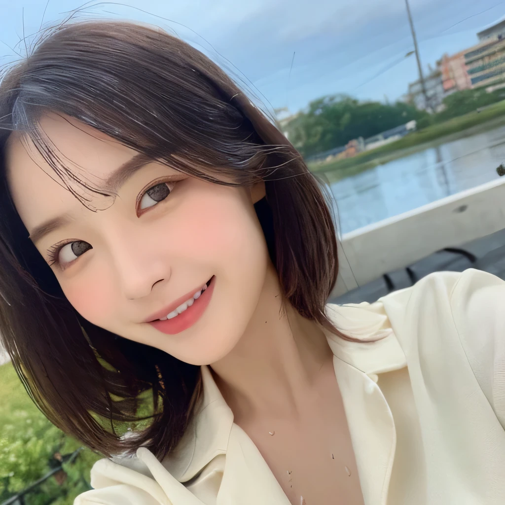 ((highest quality, 8k, masterpiece: 1.3)), sharp focus: 1.2, beautiful woman with perfect figure: 1.4, slim abs: 1.2, (layered hairstyles,: 1.2)), (wet white button long shirt: 1.3), rain: 1.3, street: 1.2, wet body: 1.1, night、 Highly detailed face and skin texture, fine eyes, double eyelid, big breasts, smile, clavicle、beautiful clavicle、Berry Short、shortcut、